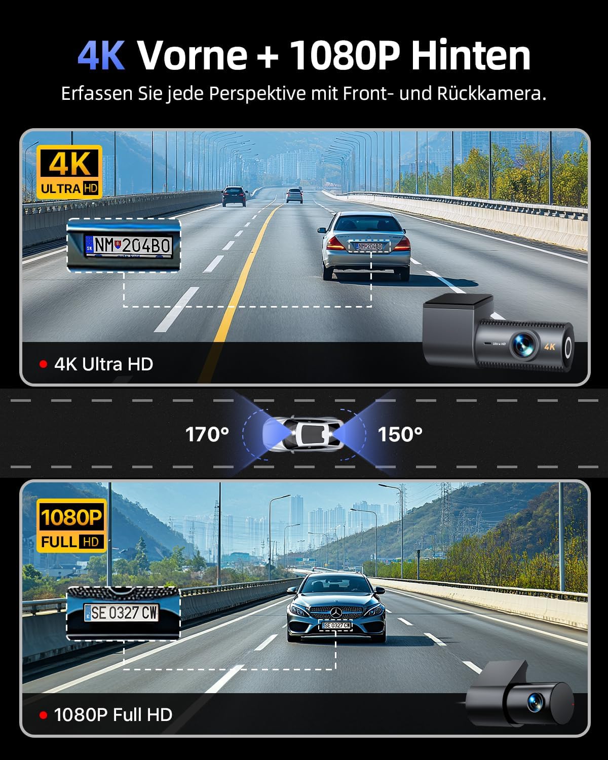 Thumbnail 1 de Dashcam Auto Vorne Hinten 4K+1080P mit 5,8GHz WLAN, 170° Weitwinkel und 64GB SD (G-Sensor, 24h Parküberwachung)