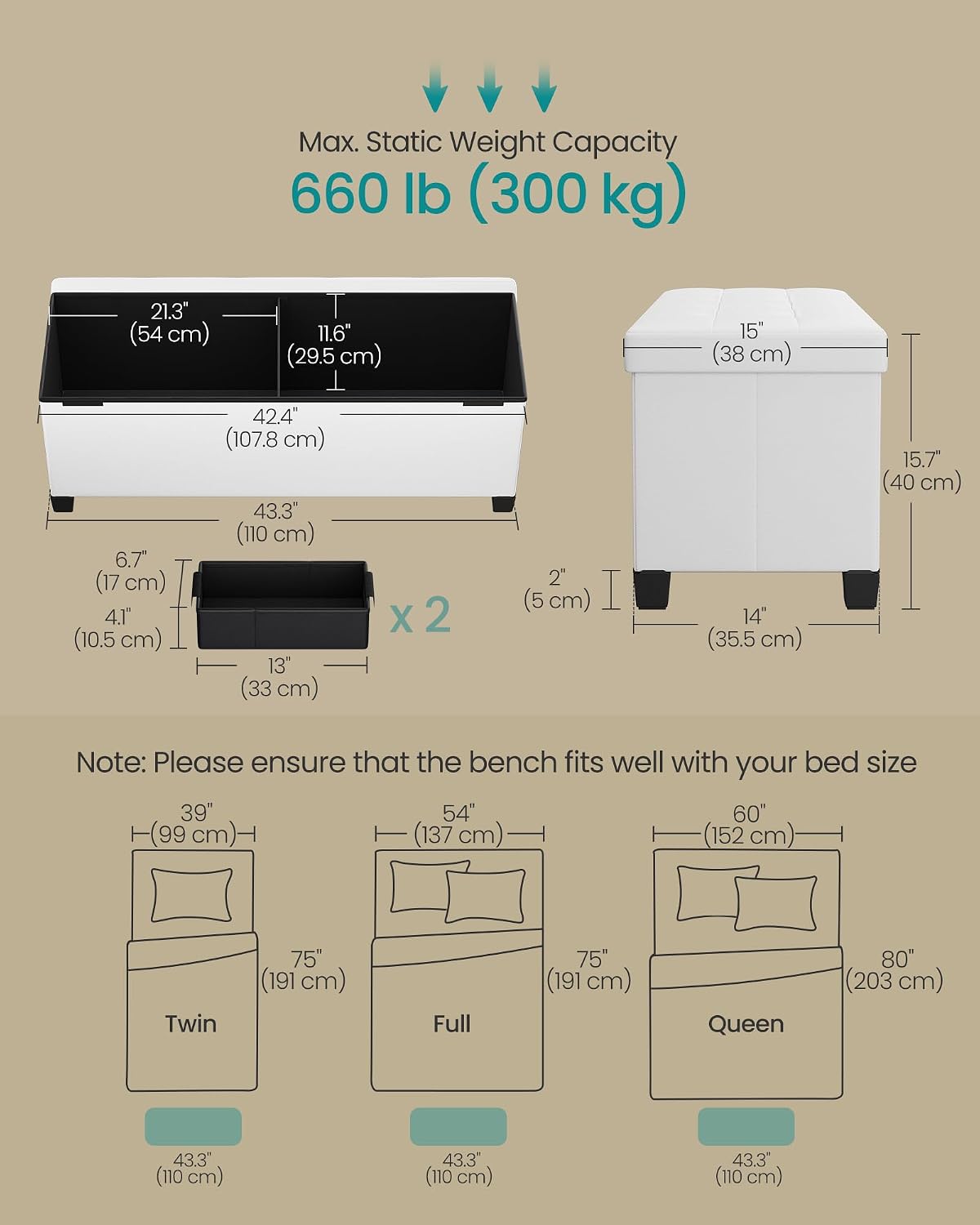 Detalle de SONGMICS Storage Ottoman Bench 43.3-Inch