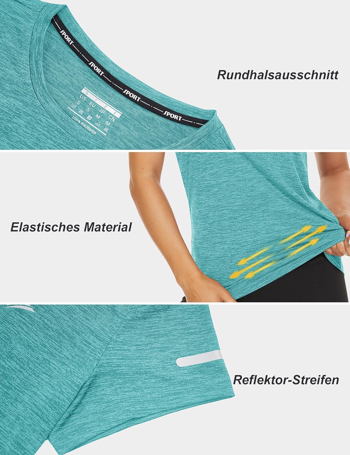 Thumbnail 3 de TACVASEN Damen Meliertes Sport-T-Shirt Kurzarm – atmungsaktiv, reflektierende Streifen, leicht & schnelltrocknend
