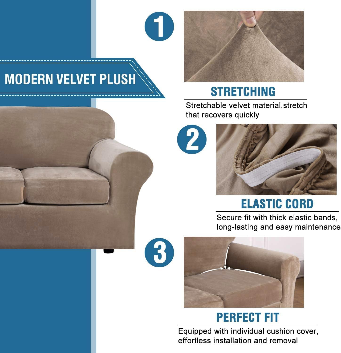 Detalle de H.VERSAILTEX Modern Velvet Plush 4 Piece Slipcover for 3-Cushion Sofa 90" Camel ๐