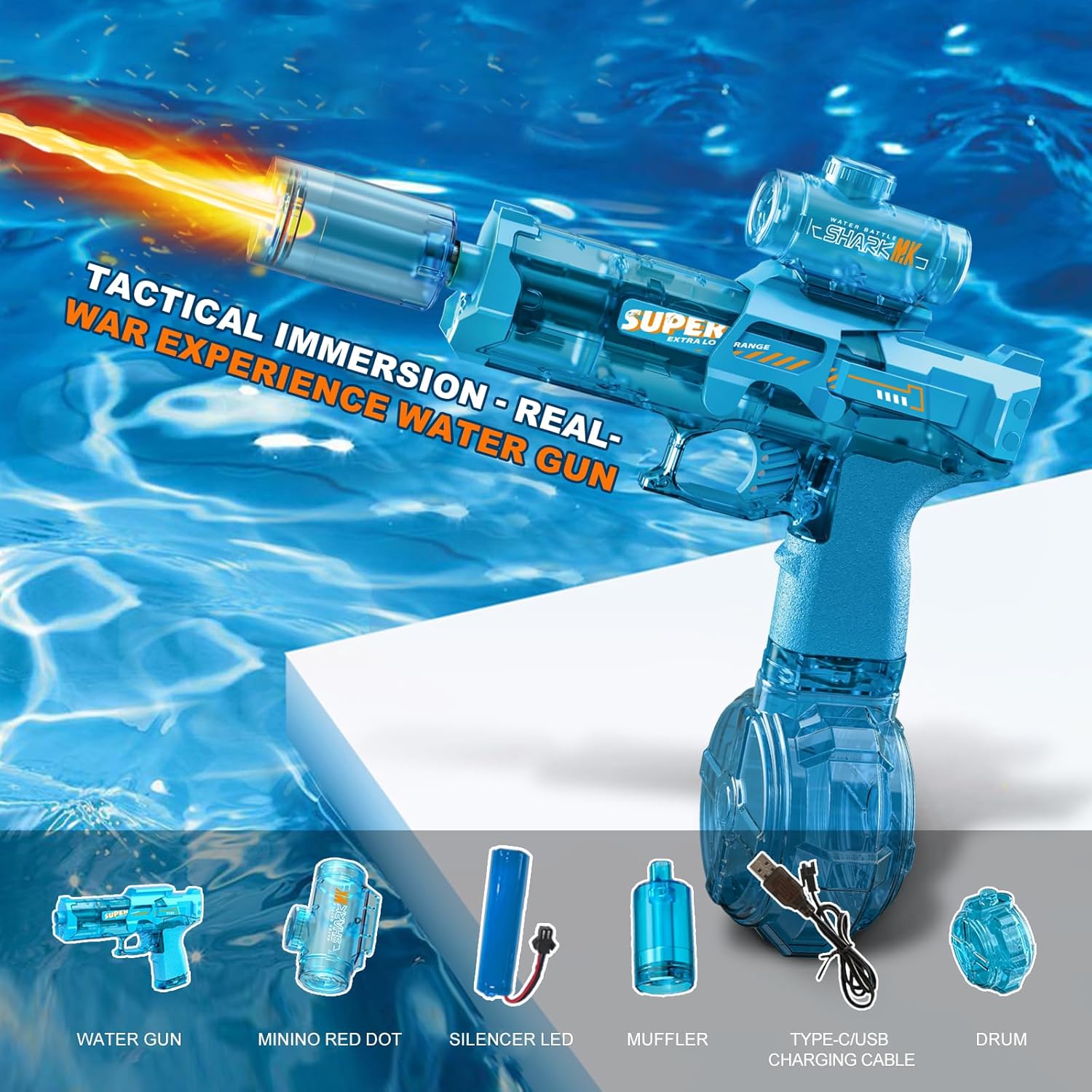 Thumbnail 2 de StimuVariety Elektrische Wasserpistole für Erwachsene & Kinder mit automatischem Sprühmodus und LED-Lichtern (blau)