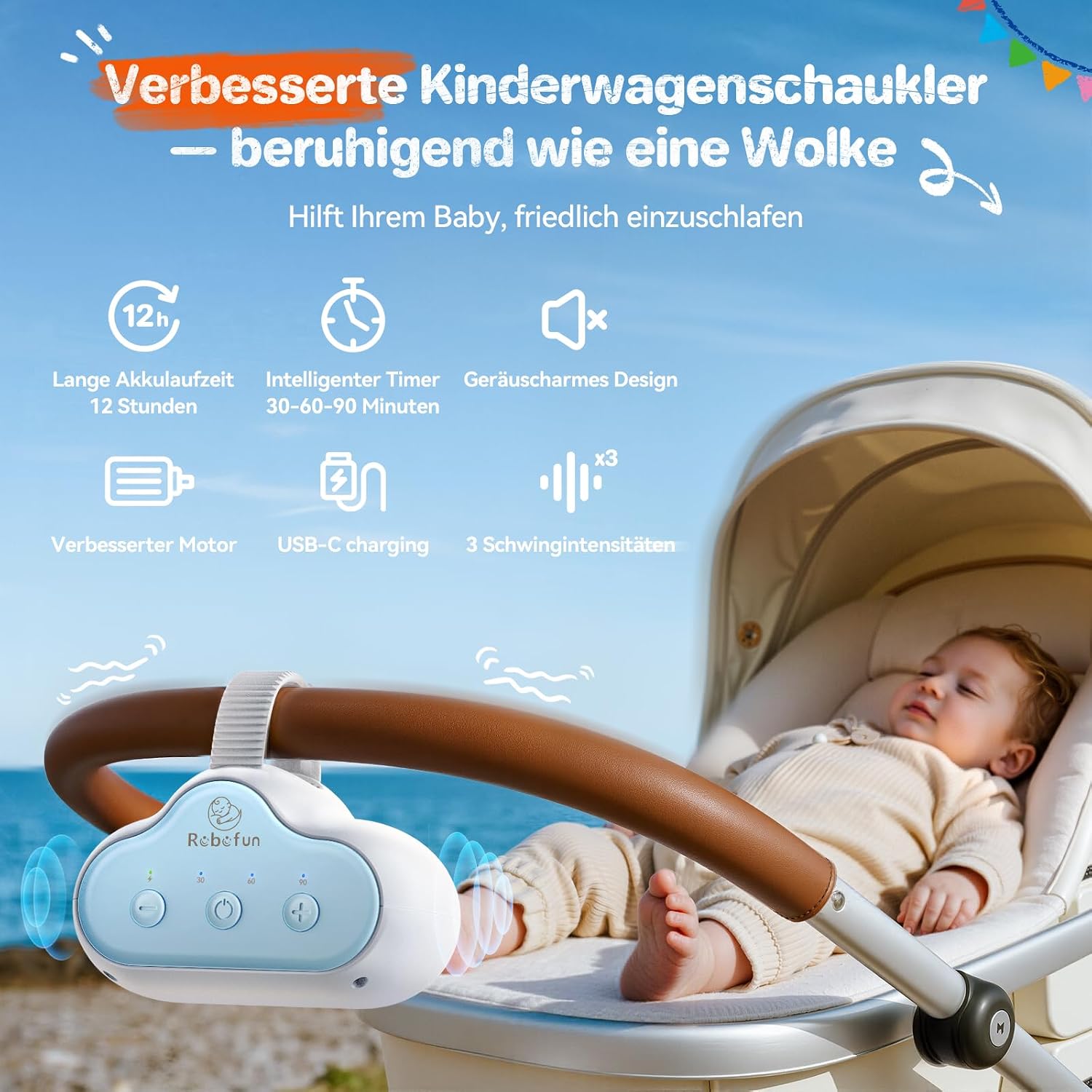 Detalle 2 de Robofun Kinderwagenschaukler Schlafhilfe USB-C