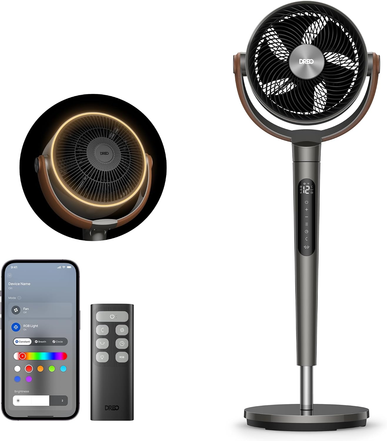 Detalle de DREO Smart Fan for Bedroom with RGB LED — Quiet DC Pedestal Fan with App & Alexa Control