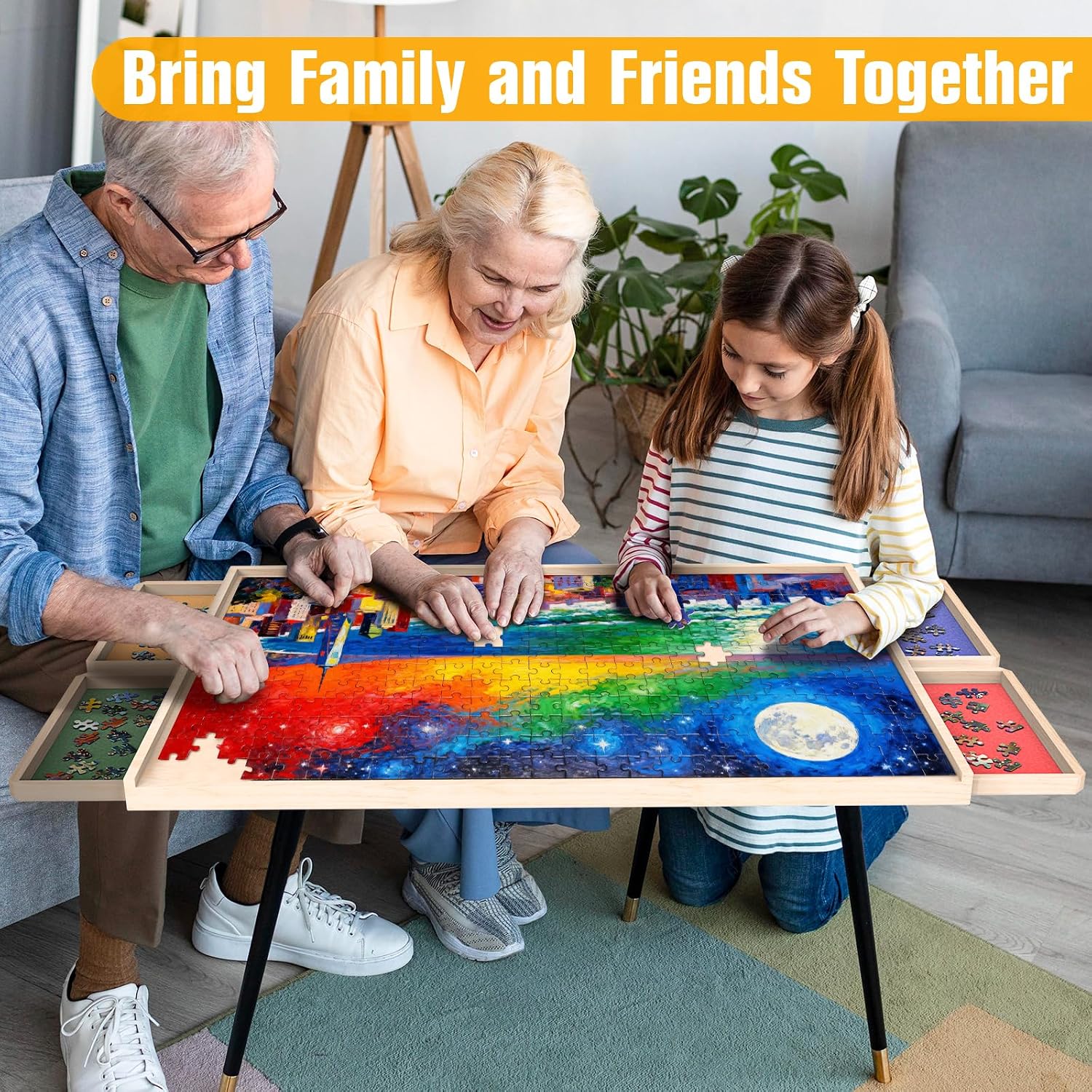 Thumbnail 5 de 1000 Piece Puzzle Board with Drawers Rotatable 360-Degree Wheels and Cover — 30" x 22" Wooden Puzzle Table Storage Organizer