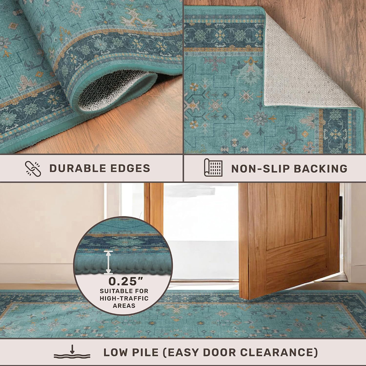 Thumbnail 4 de Teal 7x10 Large Rug Washable Floral Pattern