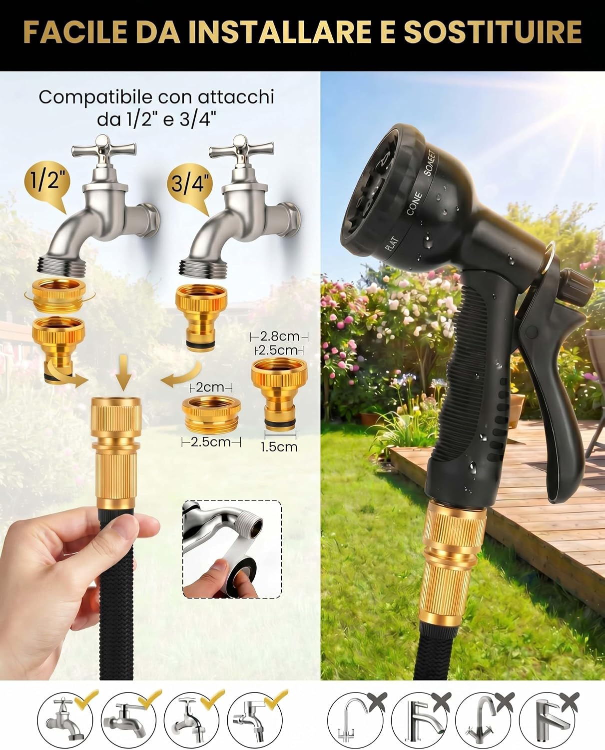 Thumbnail 5 de XIBALOM Tubo da Giardino Estensibile 15 m con 8 Funzioni e Pistola Acqua – Adattatore Universale