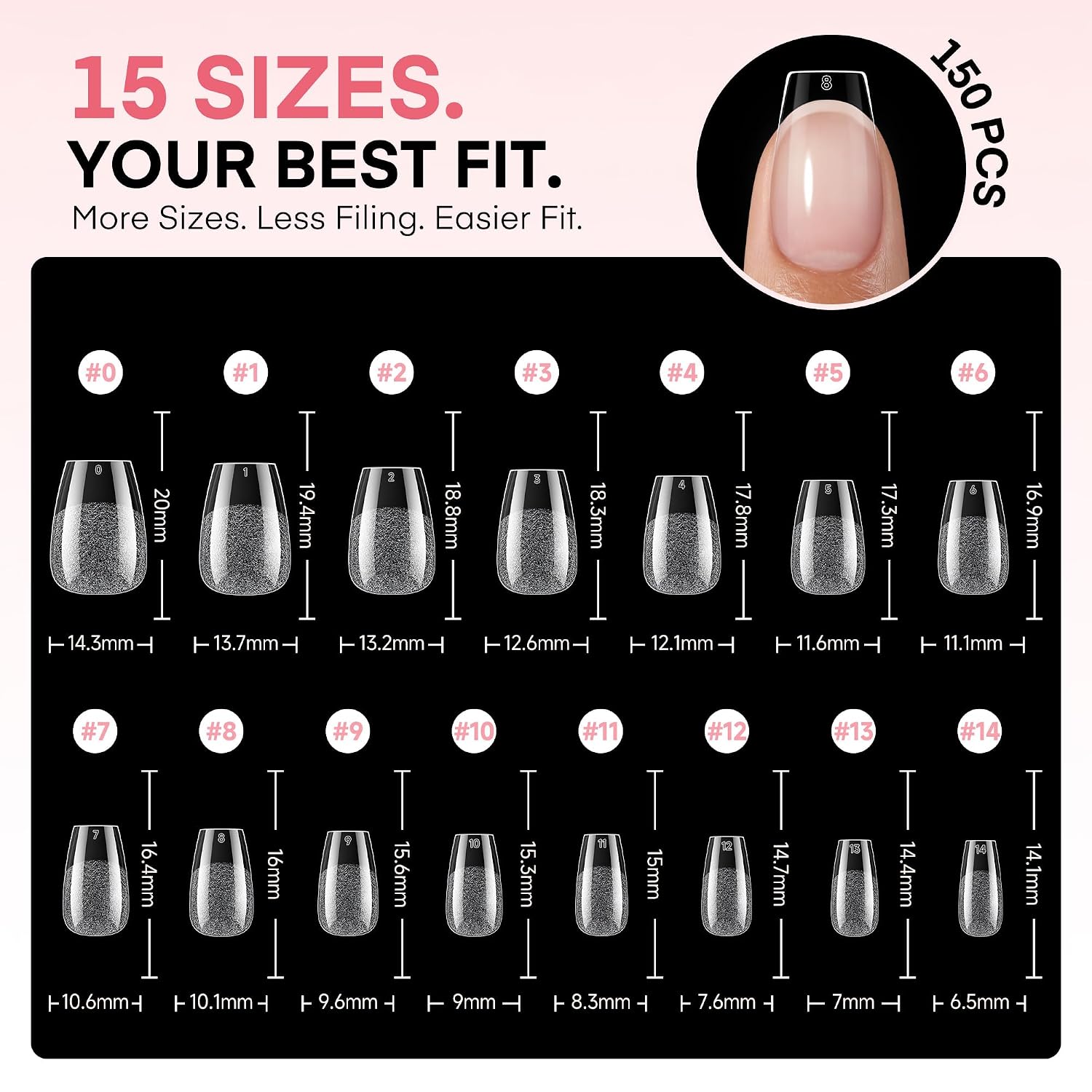Thumbnail 6 de UNA GELLA Short Coffin Gel Nail Tips, 150 Pieces, 15 Sizes, Pre-Etched