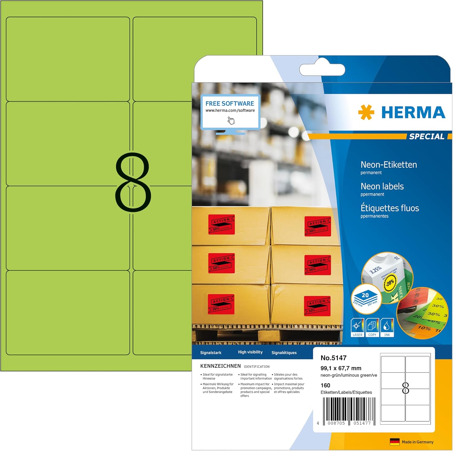 HERMA Special Etichette fluorescenti Luminous Green 99,1 x 67,7 mm – 160 pezzi (20 fogli × 8)