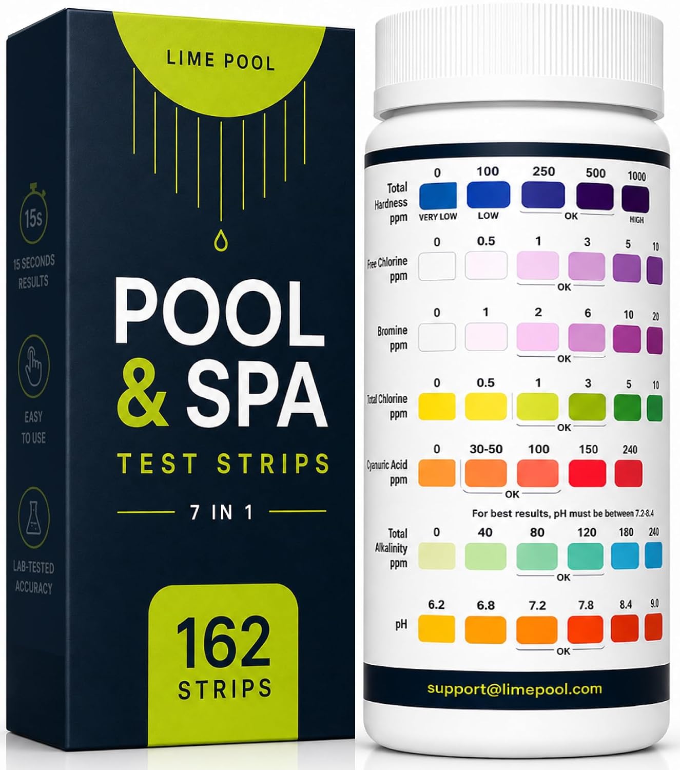 Detalle de LIME POOL PTS-01 7-Way Pool Test Strips, 162-Count Water Testing Kit