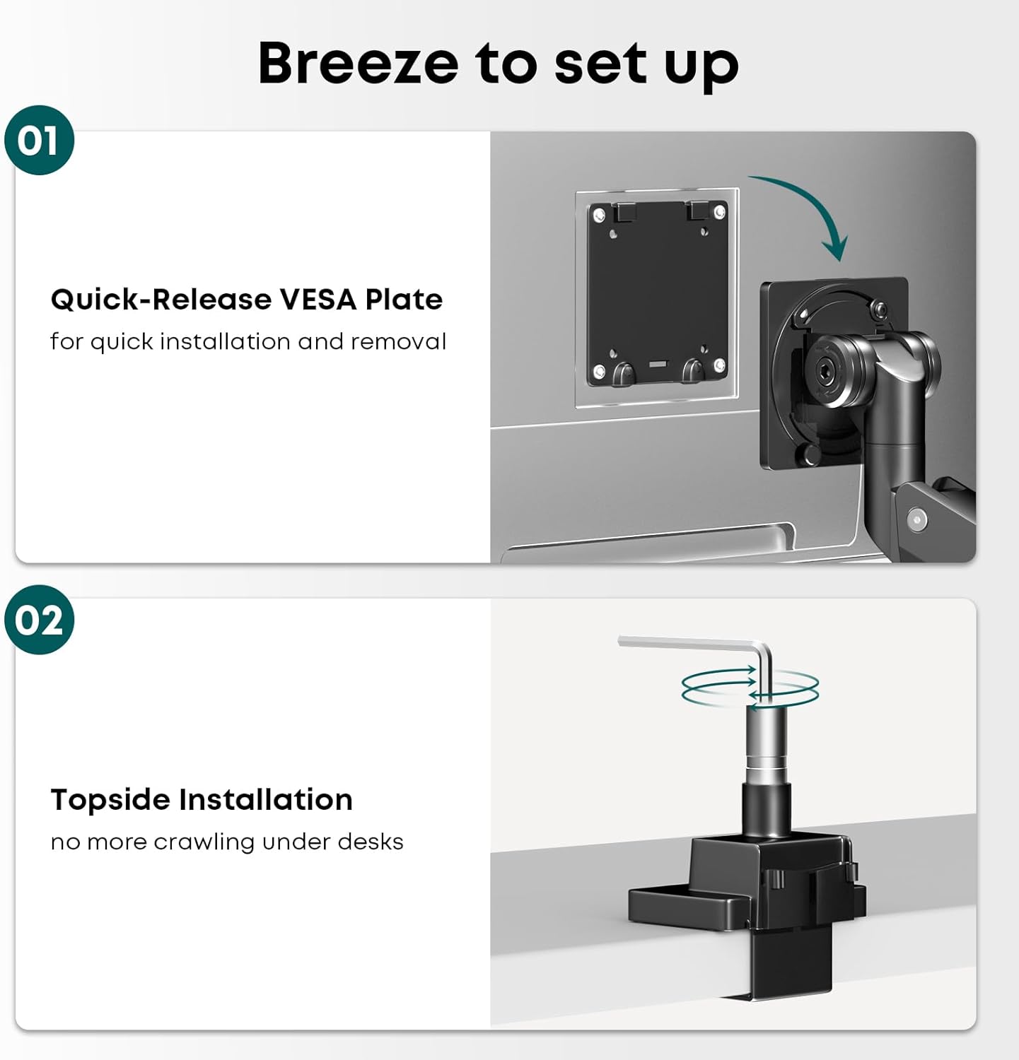 Thumbnail 6 de Dual Monitor Arm Heavy Duty (24–57in) – Aluminium stacked mount, fully adjustable vertical stand, VESA 75/100/200mm, black