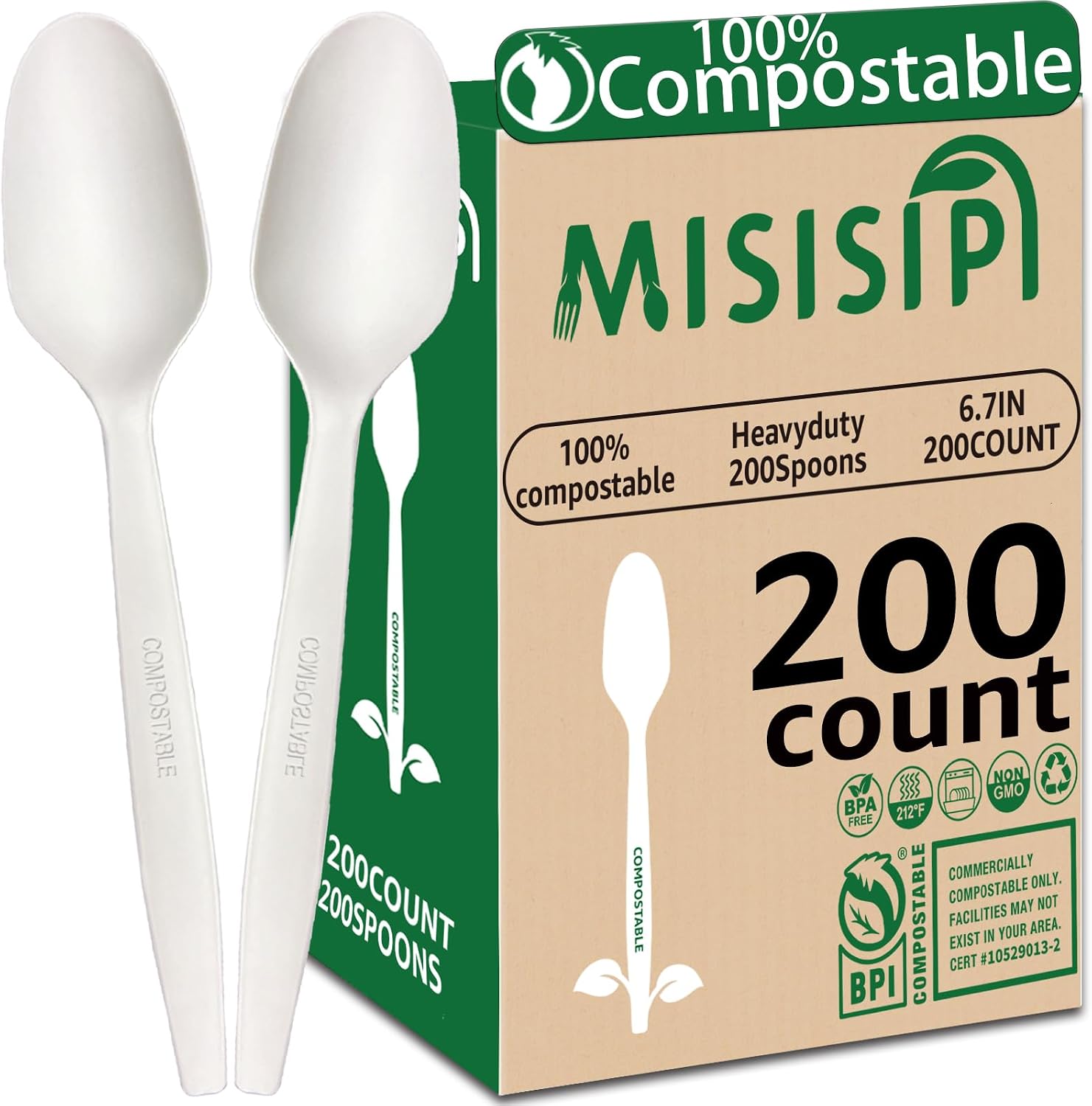 Detalle de MISISIPI SPOONS-200 Compostable Spoons, 200 Count, 6.7-Inch PLA