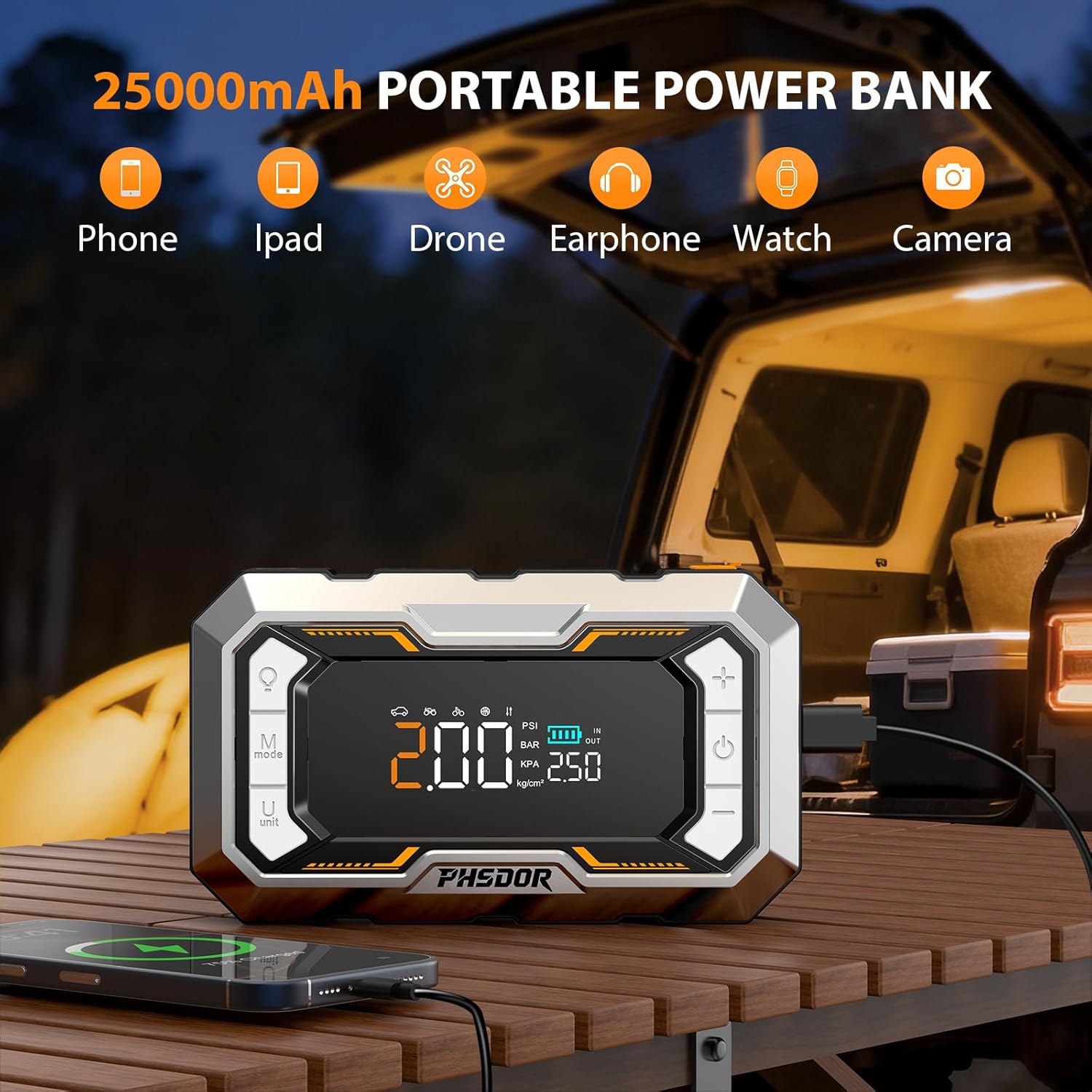 Thumbnail 4 de 8000A Jump Starter Power Pack with Air Compressor (25000mAh, 150 PSI) by 8000A – Silver & Orange