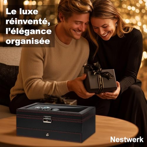 Thumbnail 6 de Nestwerk Boîte à Montres Homme — Rangement 2 Niveaux avec Couvercle en Verre, 6 Emplacements et 3 Compartiments Lunettes