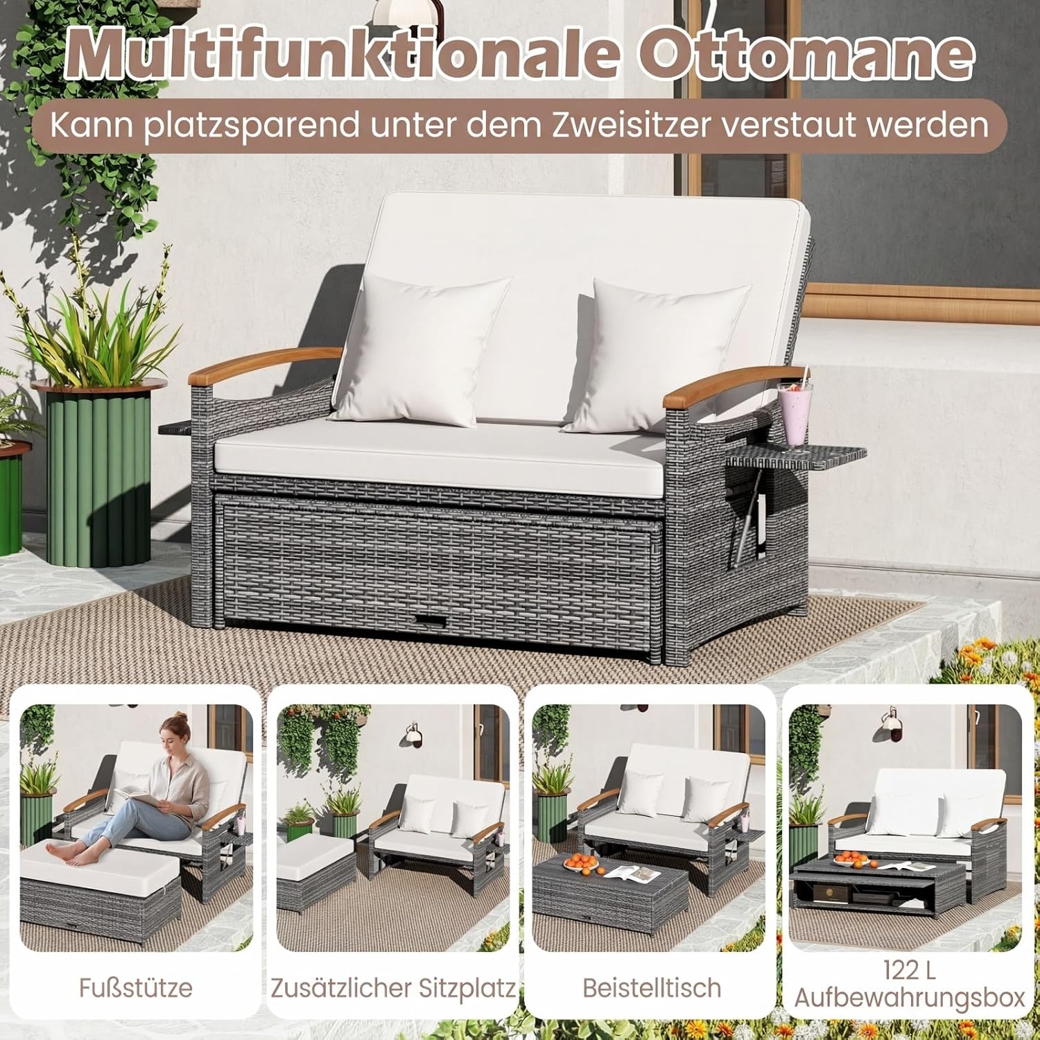 Detalle de COSTWAY Polyrattan Sonnenliege: Verstellbare Rückenlehne, Seitenablage und Doppel-Loungemöbel für Garten und Balkon