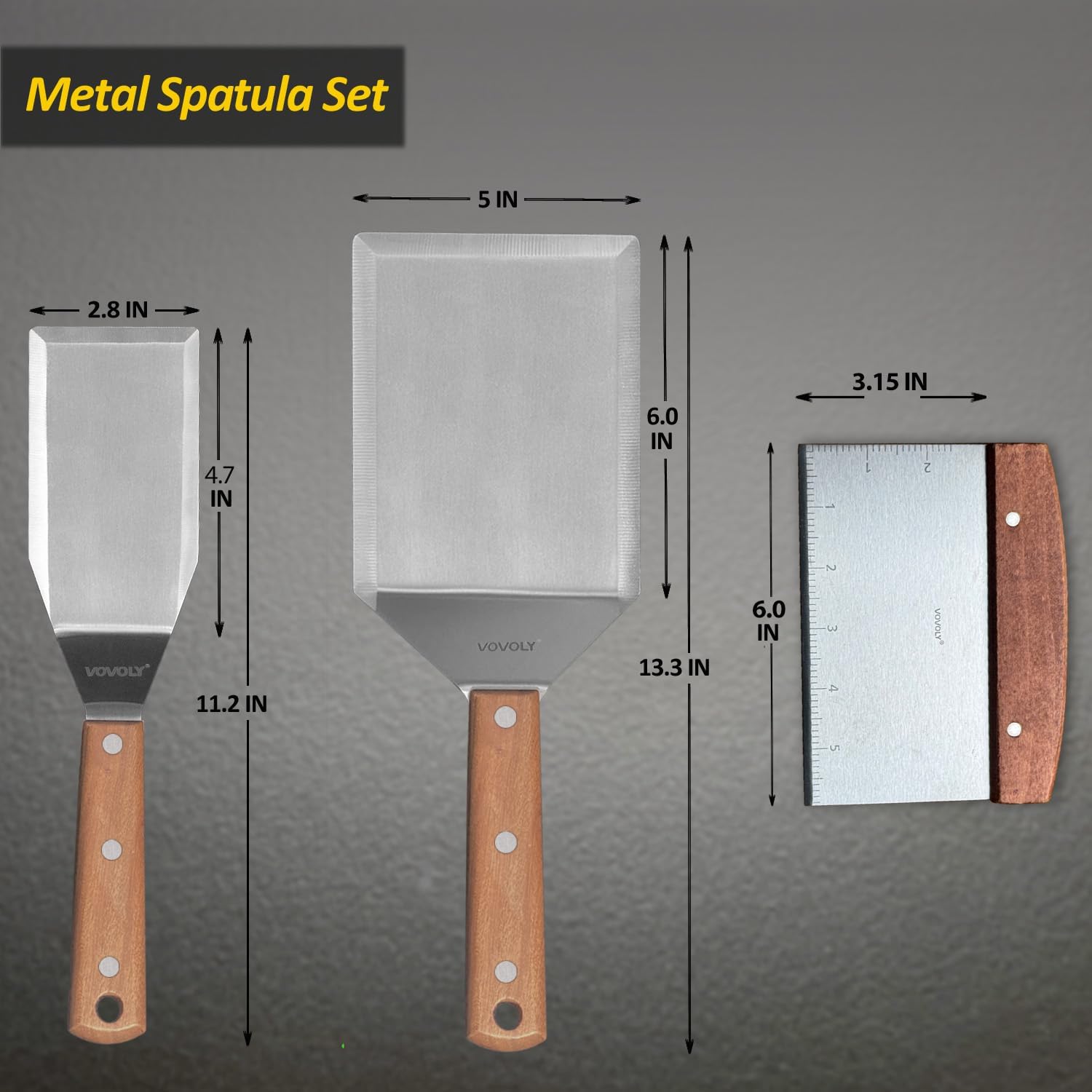 Detalle de Vovoly 231 Stainless Steel Griddle Spatula Set, 3-Piece with Bevelled Edges