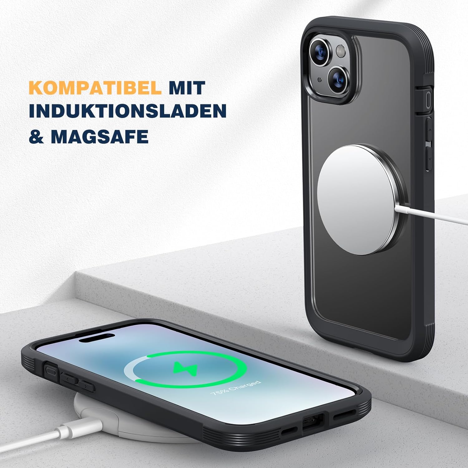Detalle 2 de Diaclara 360° Hülle für iPhone 15 – Militärschutz, integrierter Displayschutz & Kameraschutz (Schwarz)