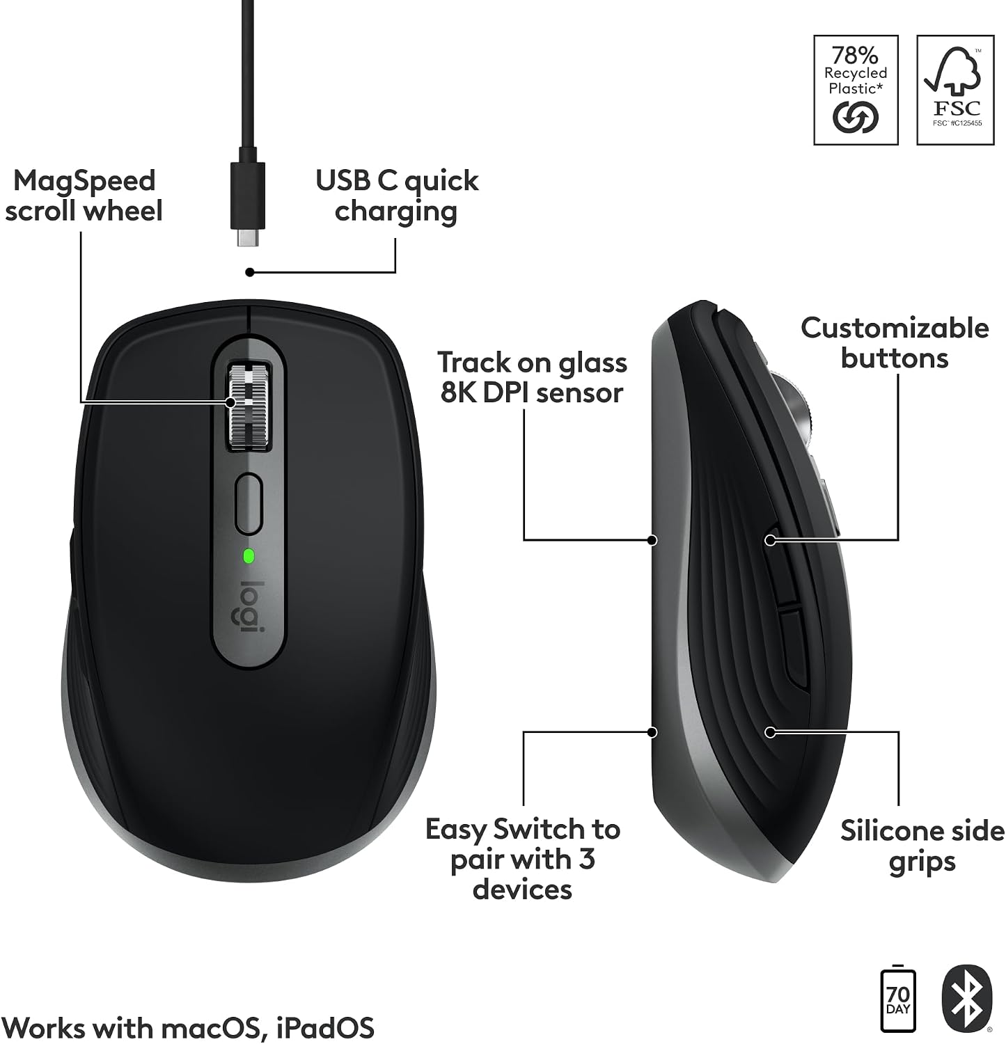 Thumbnail 6 de Logitech MX Anywhere 3S for Mac 910-006945 Wireless Mouse, 8K DPI, Space Gray