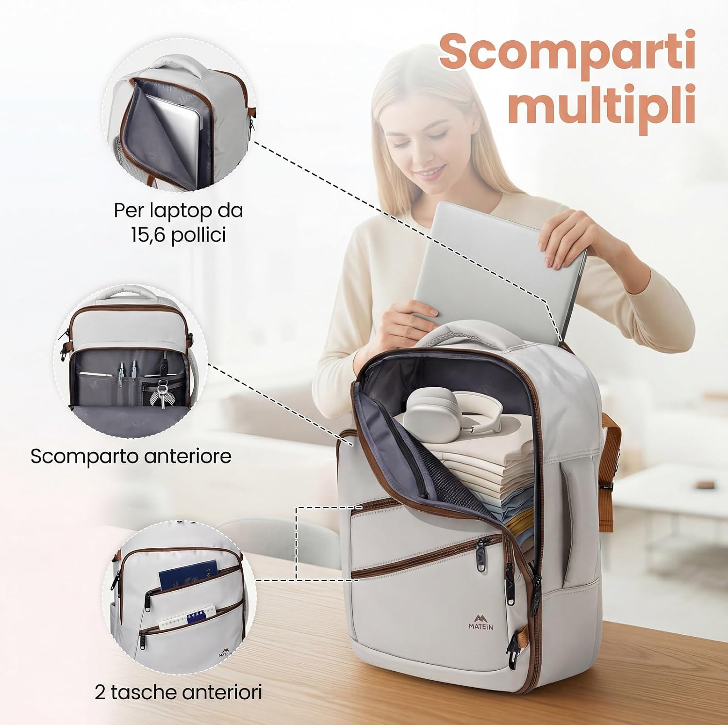 Detalle de Zaino MATEIN 40x30x20 24L per Ryanair: bagaglio a mano cabina impermeabile con scomparto PC fino a 15,6”