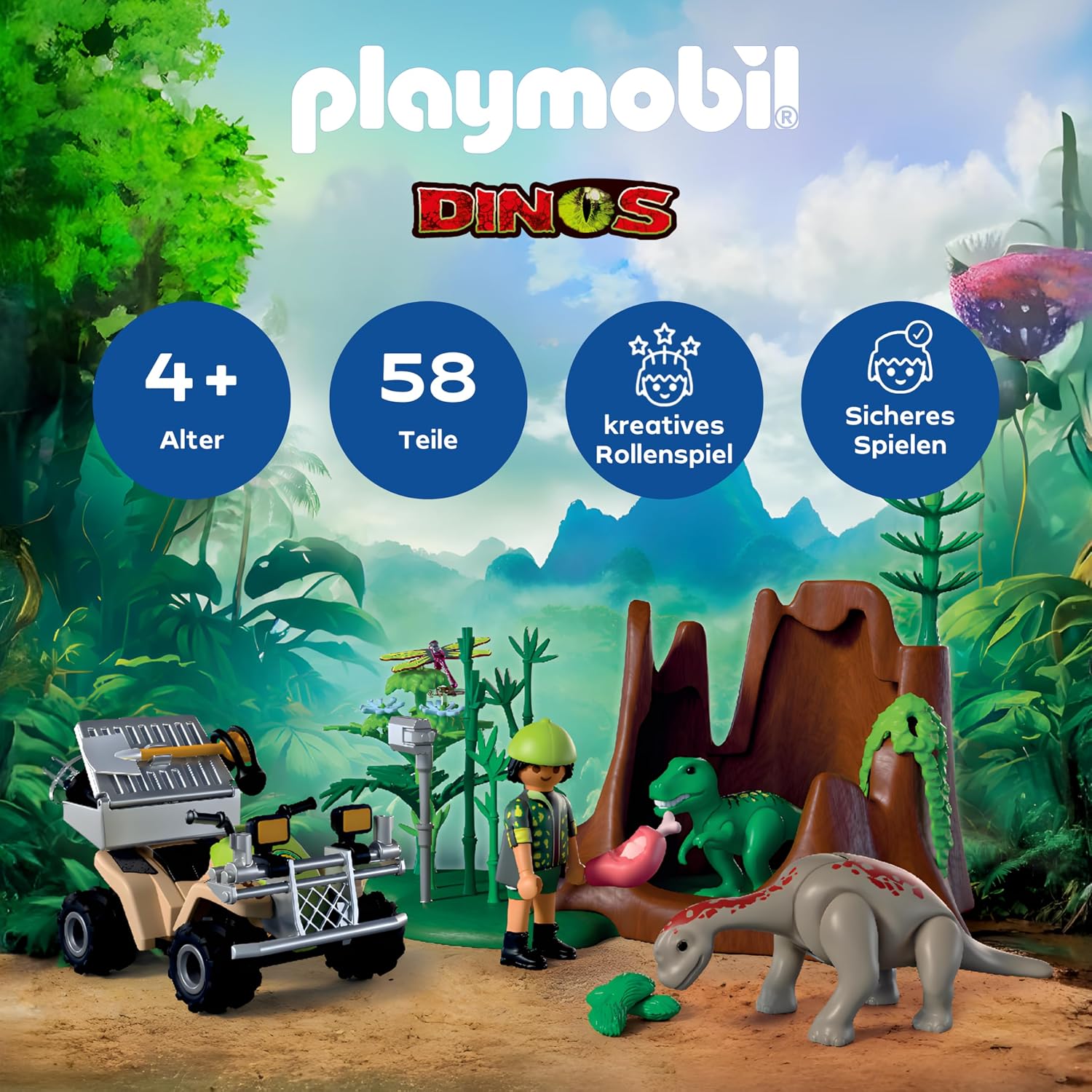 Detalle de PLAYMOBIL Dinos Dinoversteck | Dino-Forscher mit Quad, T-Rex-Baby & Brachiosaurus-Baby | 72069