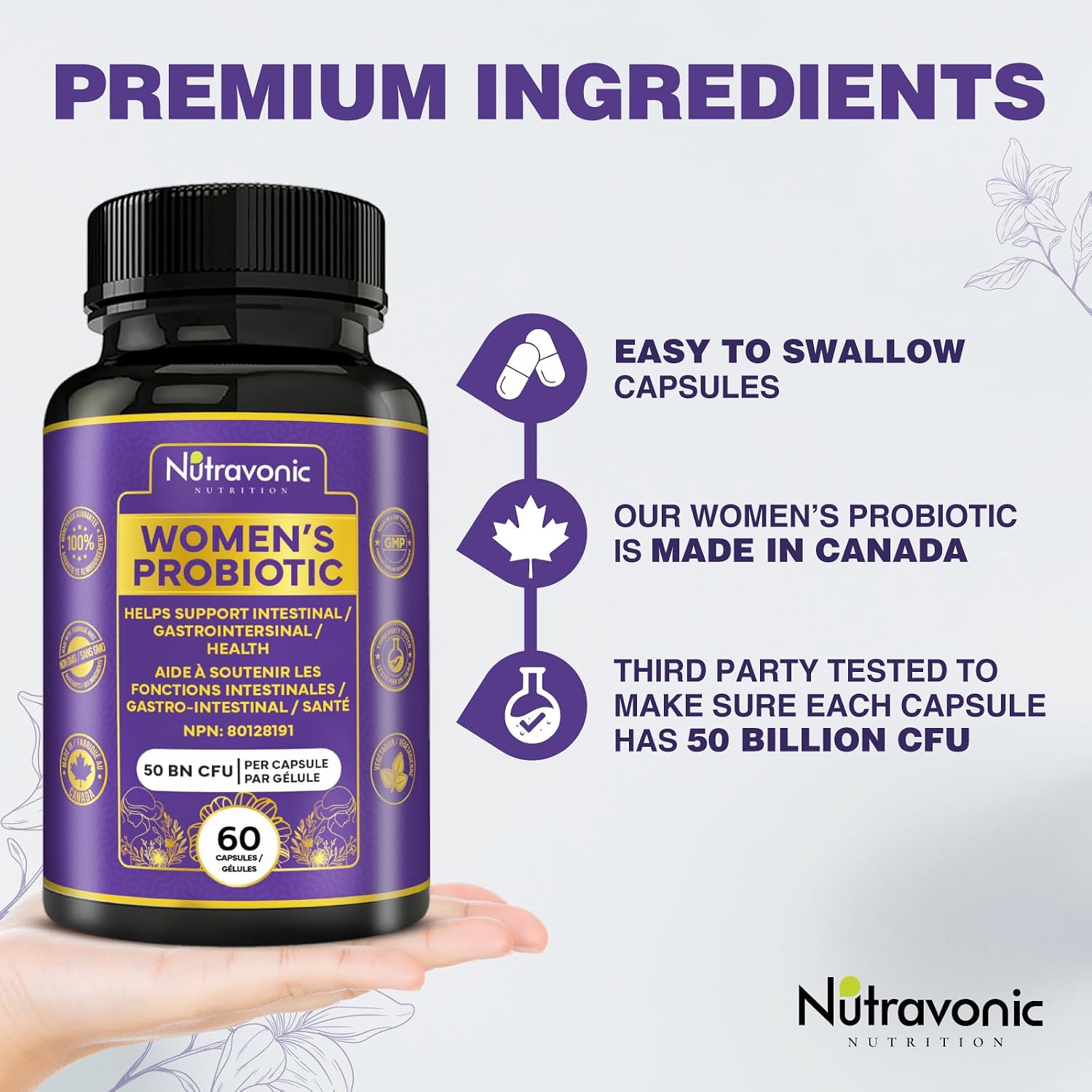 Detalle de Nutravonic Nutrition Probiotics for Women, 50 Billion CFU, 15 Strains, Delayed-Release Capsules