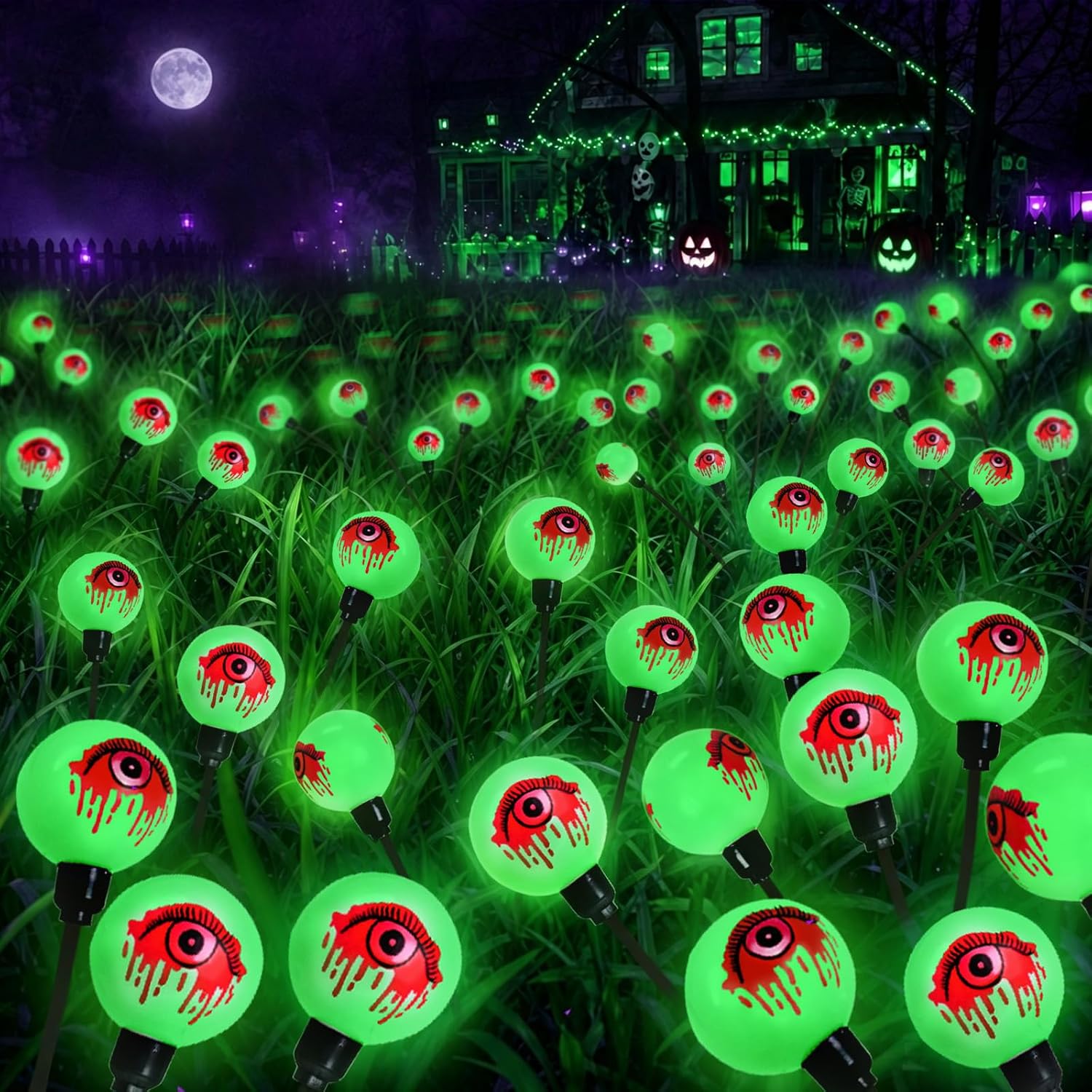 Detalle de EEW CY-Eyeball Solar Halloween Path Lights, 8-Pack, 48 Green LEDs