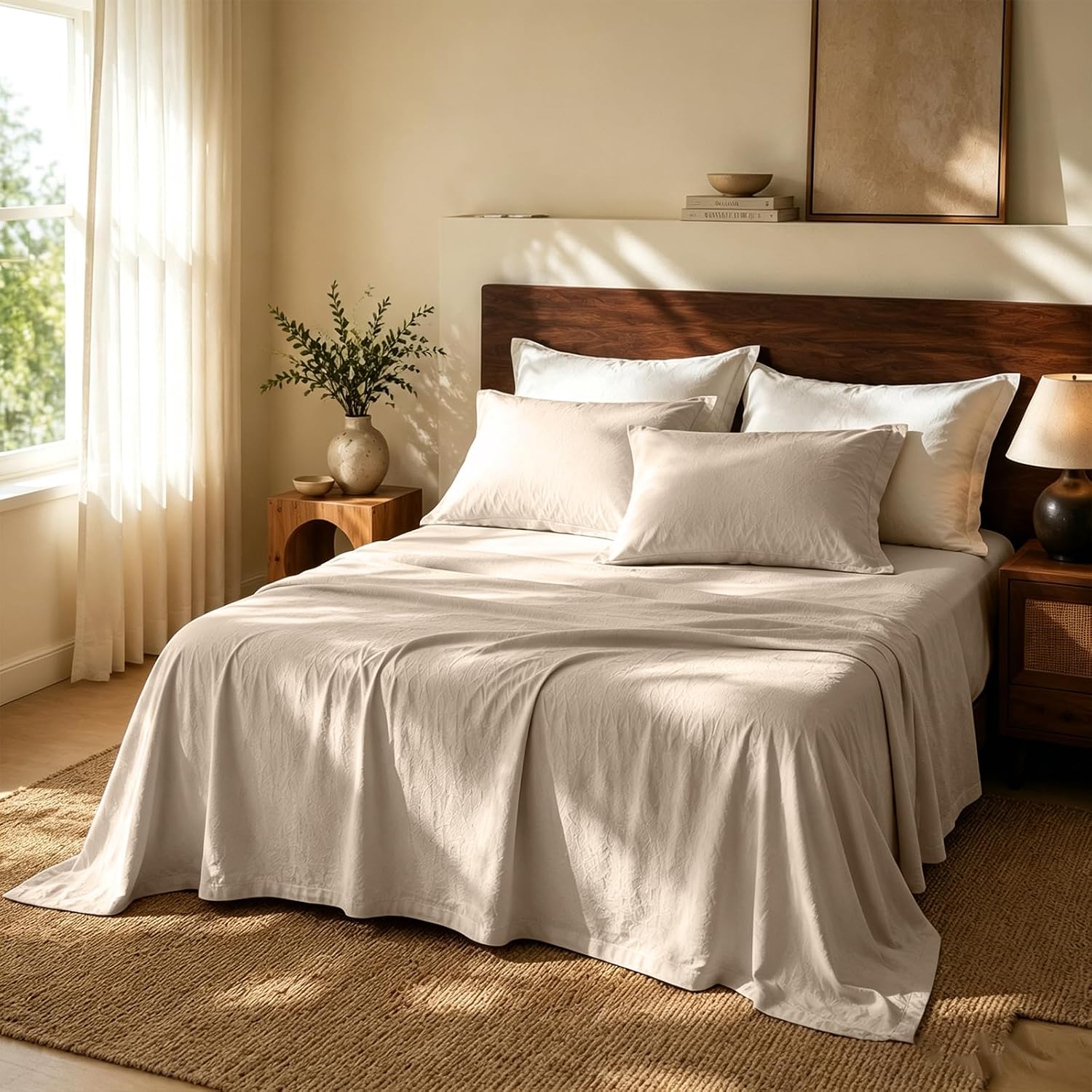 Detalle de MEISHANG 100% French Linen Sheets – Queen, Extra Deep Pocket, All-Season Soft Durable Flax Linen