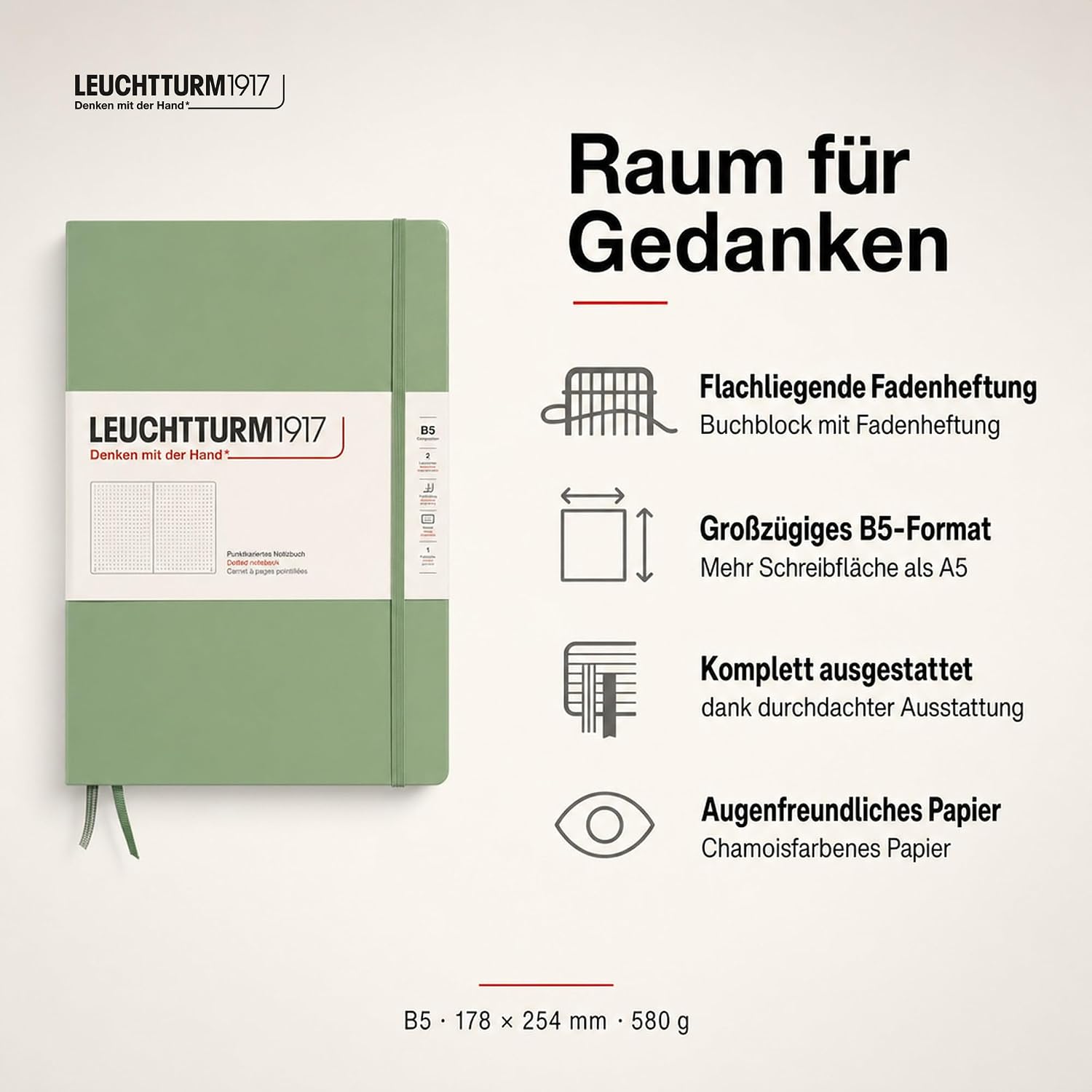 Detalle 2 de LEUCHTTURM1917 366172 anteckningsbok B5, inbunden, prickad och salviagrön
