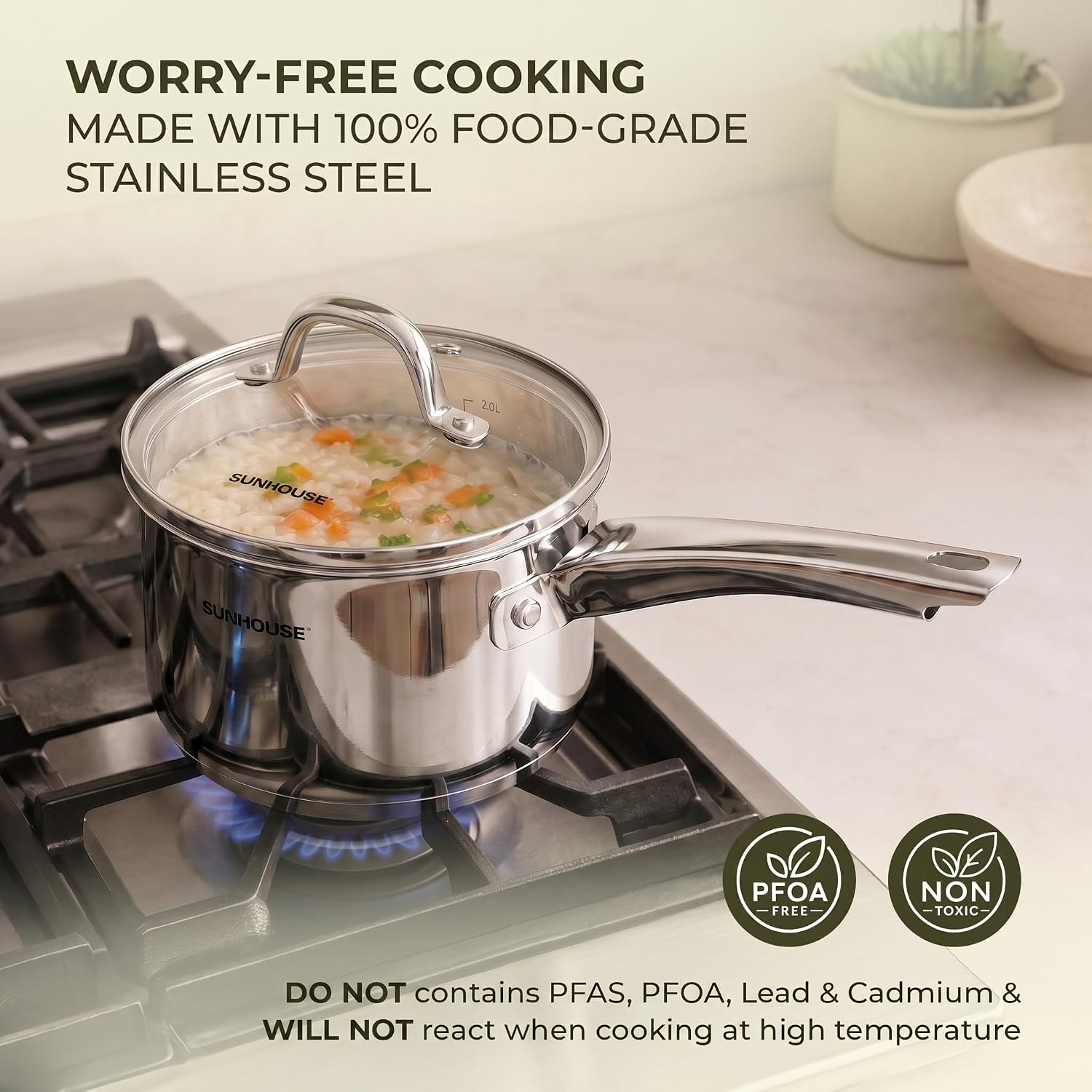 Detalle de SUNHOUSE 3-Quart Stainless Steel Saucepan with Lid