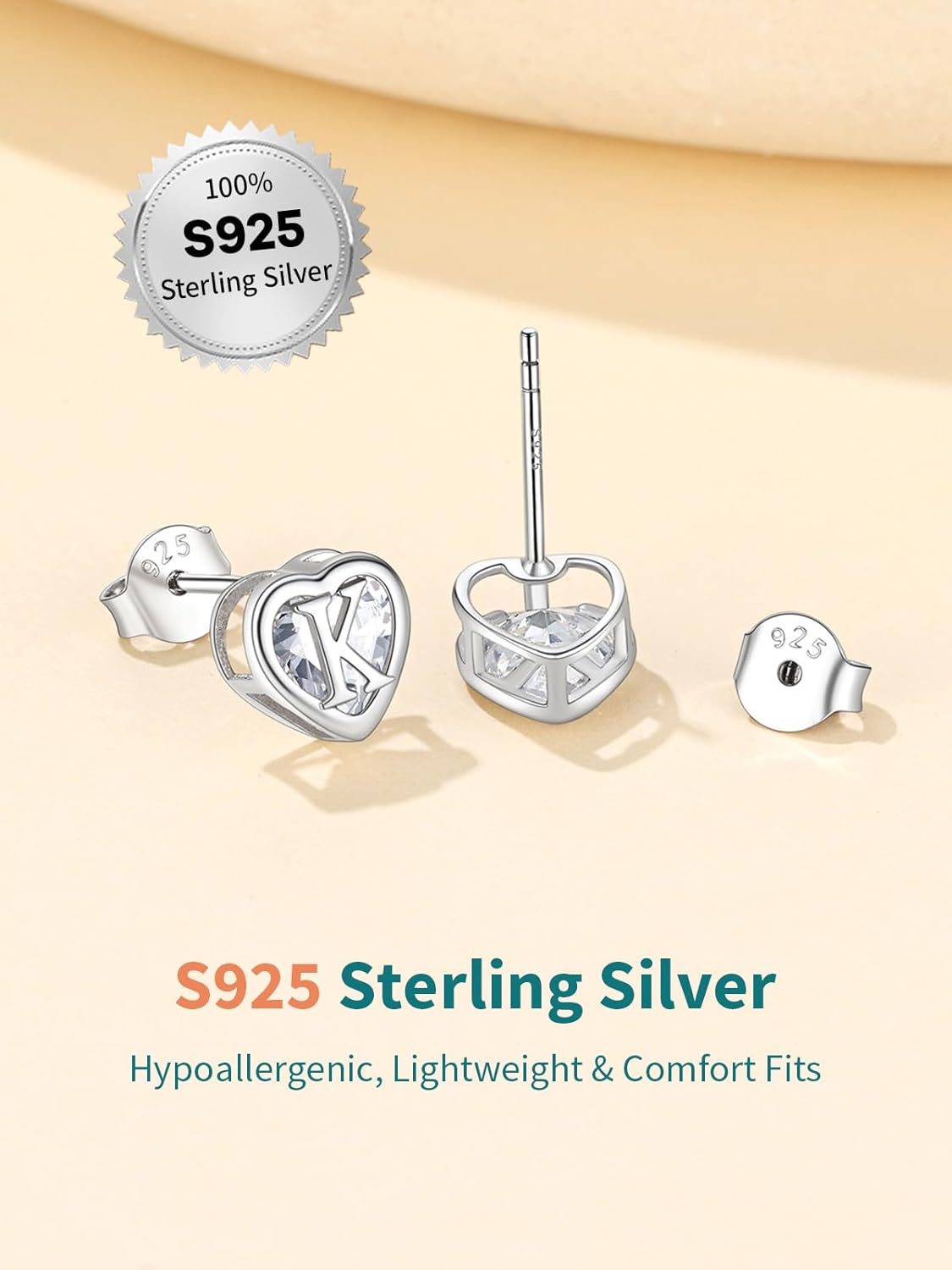 Detalle de Supcare Orecchini Donna Argento 925 con Cuore e Lettera Iniziale A–Z | Zirconi Anallergici, Confezione Regalo