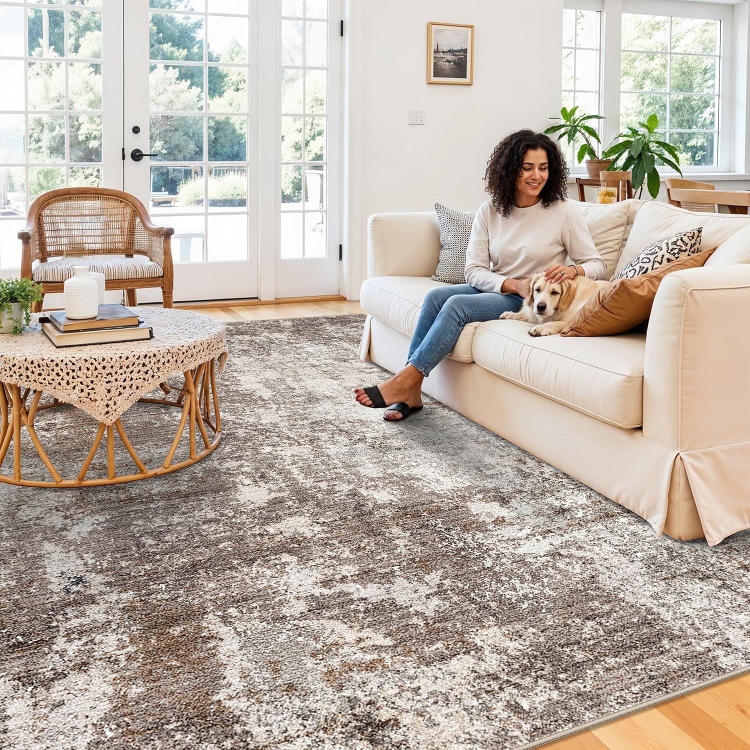 Thumbnail 2 de 8x8 Square Living Room Area Rug – Washable Modern Neutral Abstract Indoor Rug (Brown Beige)