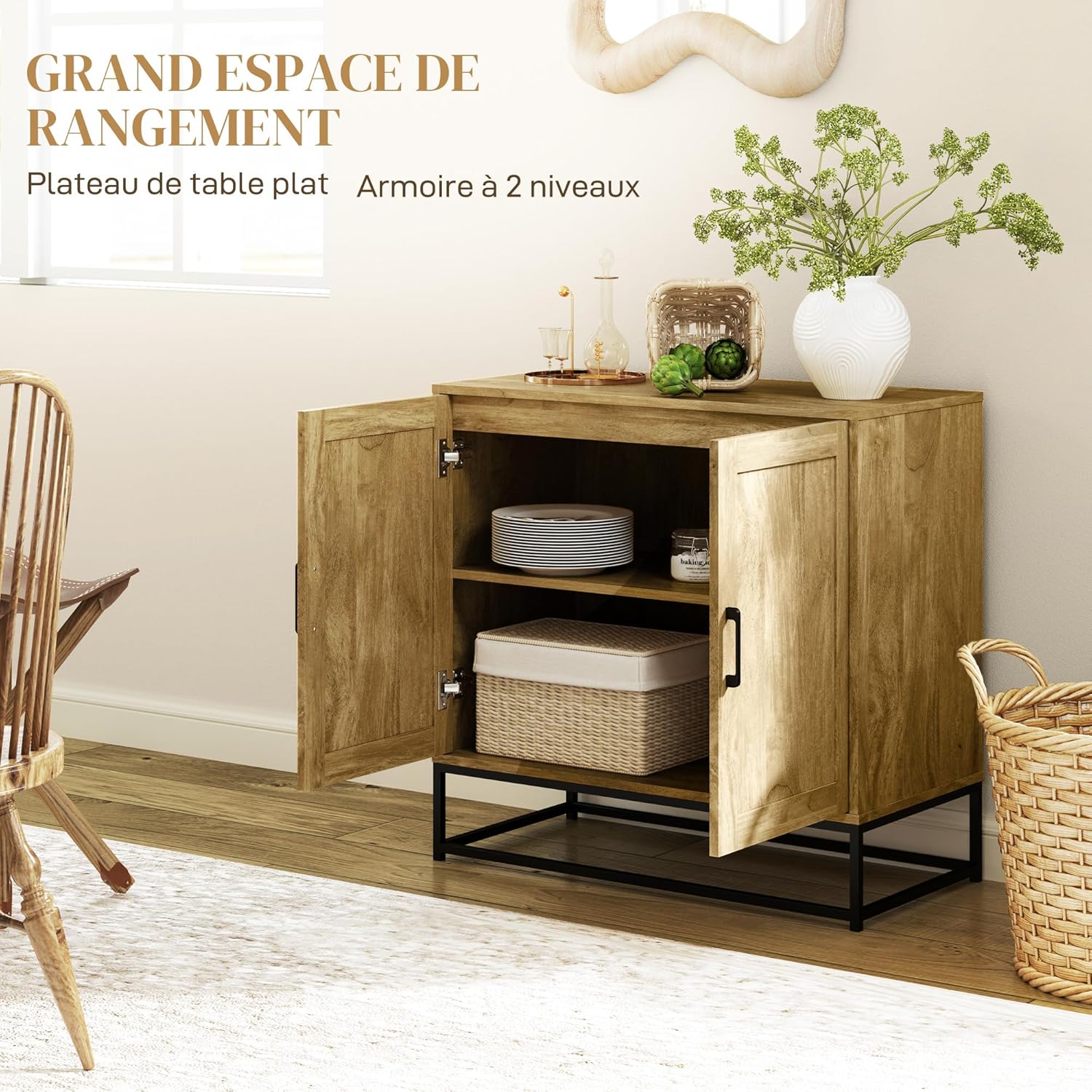 Thumbnail 3 de HOMCOM Buffet Salon de Rangement Moderne avec Placard à 2 Portes – 80 x 40 x 78 cm, Bois Naturel