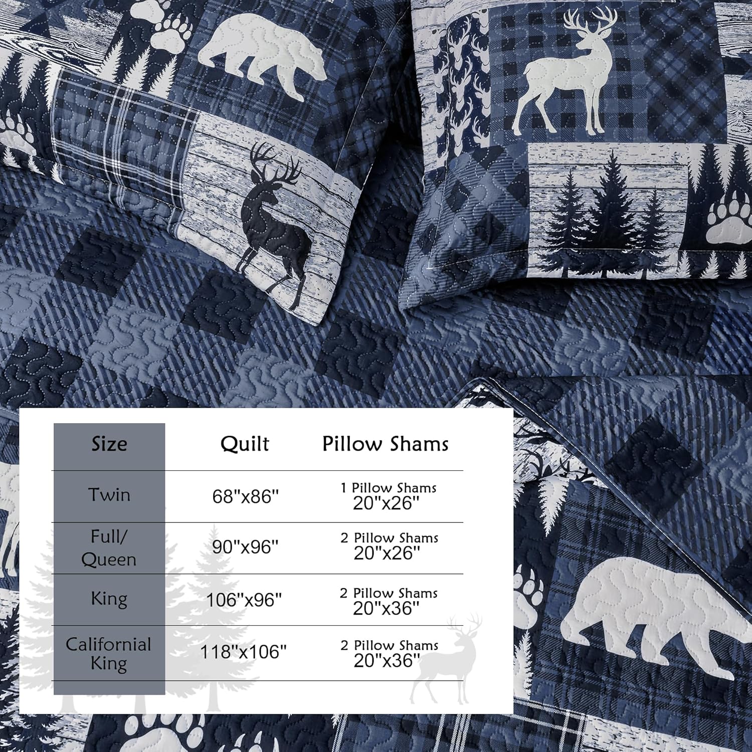Thumbnail 4 de Cabin 3-Piece Full/Queen Quilt Set (90"x96") Reversible Farmhouse Rustic Microfiber Bedding, Blue