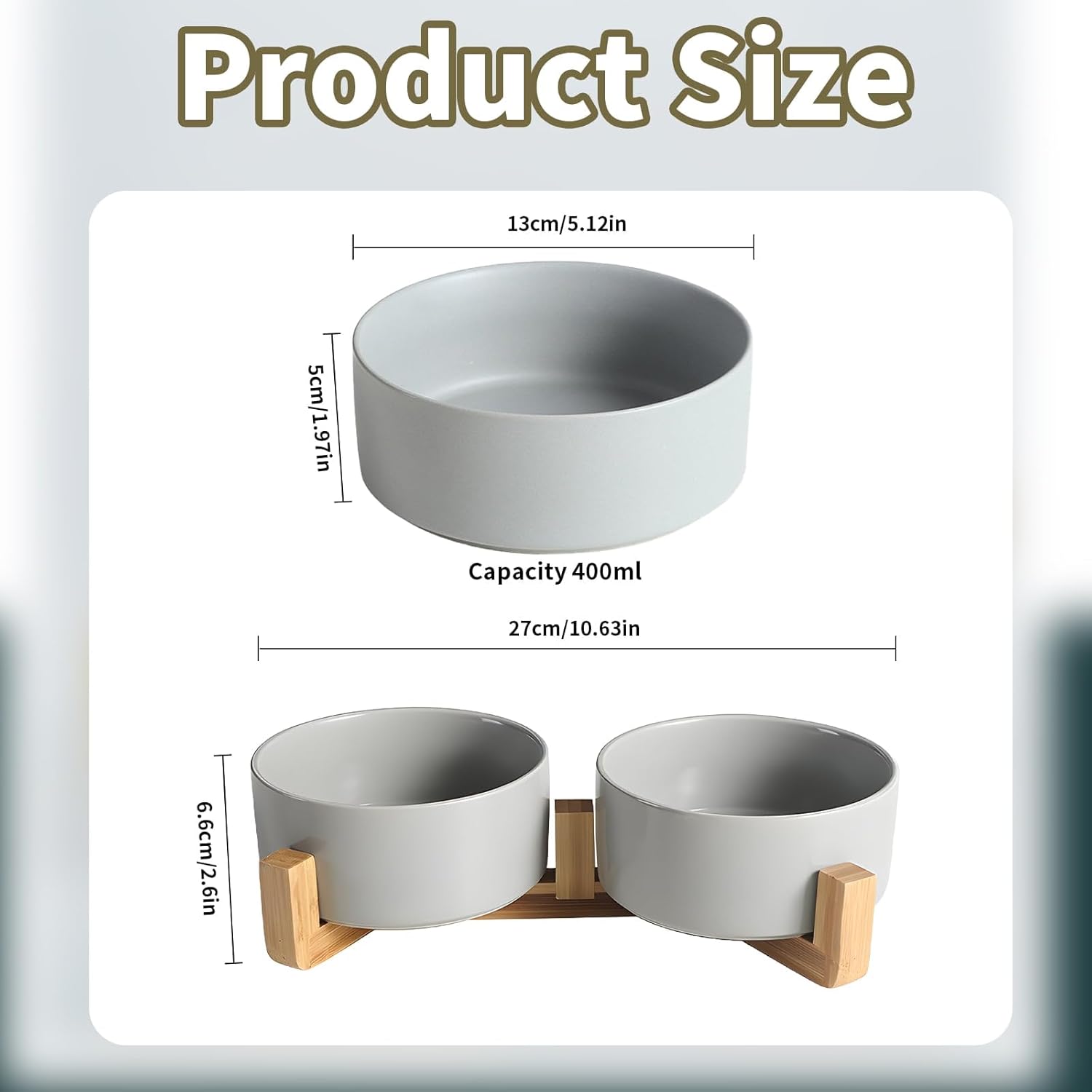 Thumbnail 1 de Double Ceramic Cat Bowls 400ML Raised Cat Feeder with Wooden Stand – Grey