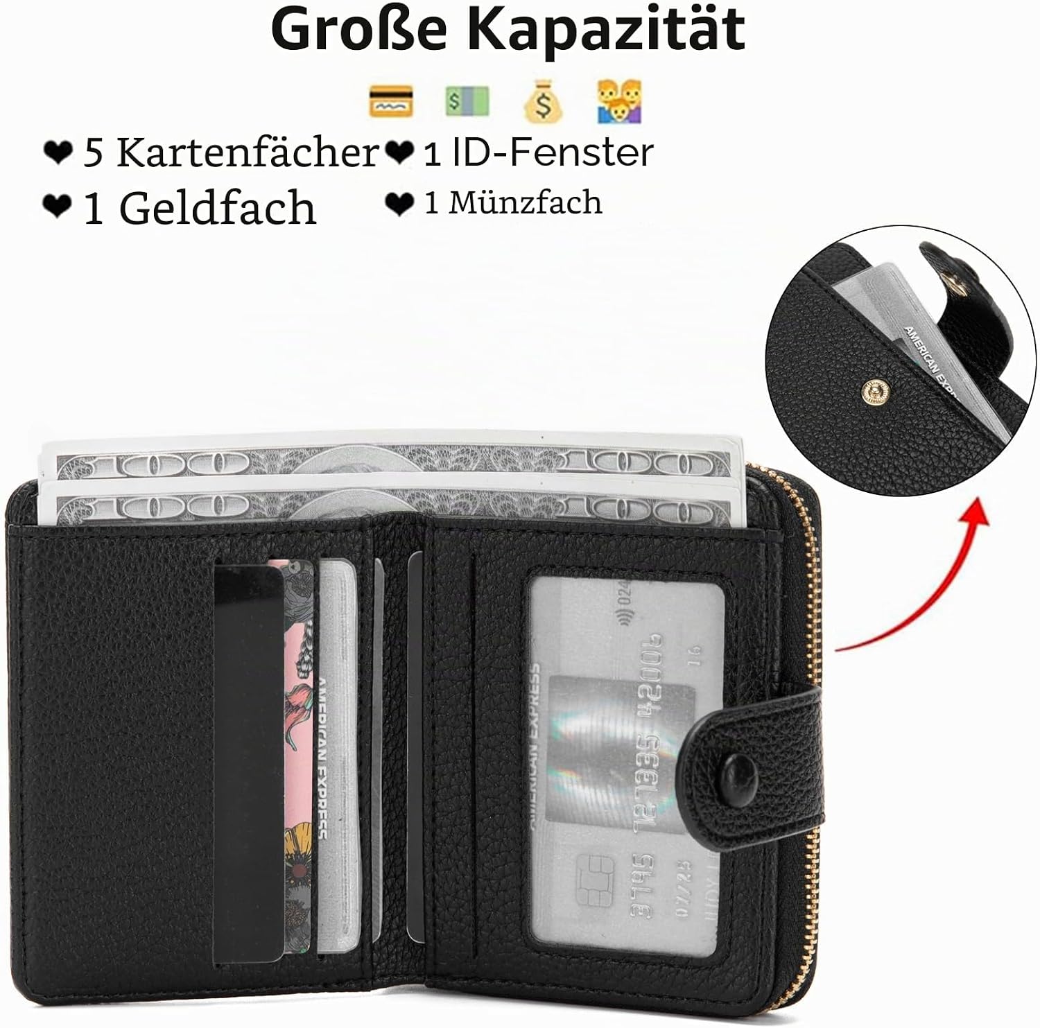 Detalle de CHAOFANXI Damen-Geldbörse aus weichem Leder, kleines Portemonnaie mit Reißverschluss für Münzen – Grün