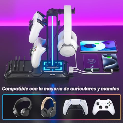 Detalle de KDD Soporte Auriculares Gaming y Mando con Puertos de Carga USB Tipo C