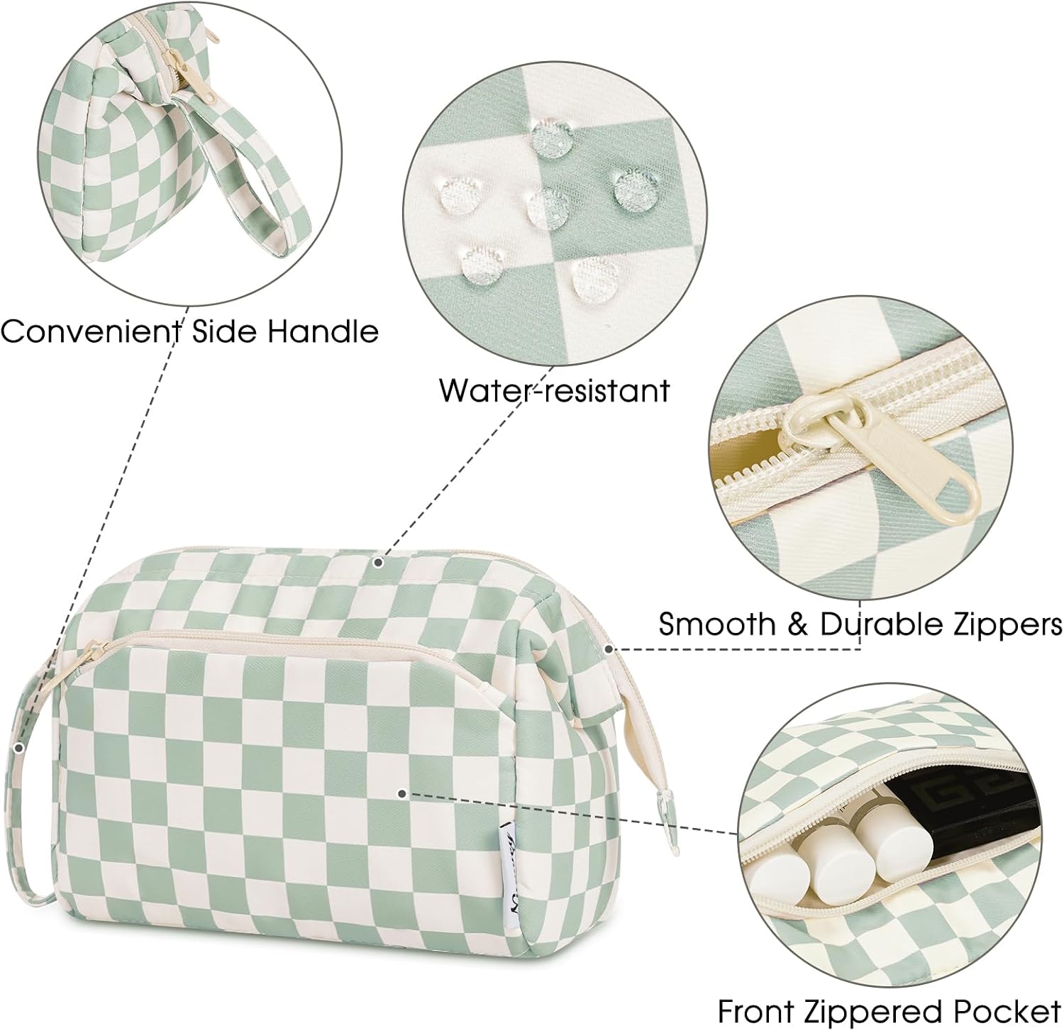 Thumbnail 3 de Narwey Large Makeup Bag Wide-Open Zipper Pouch (Mint Green Checkerboard)