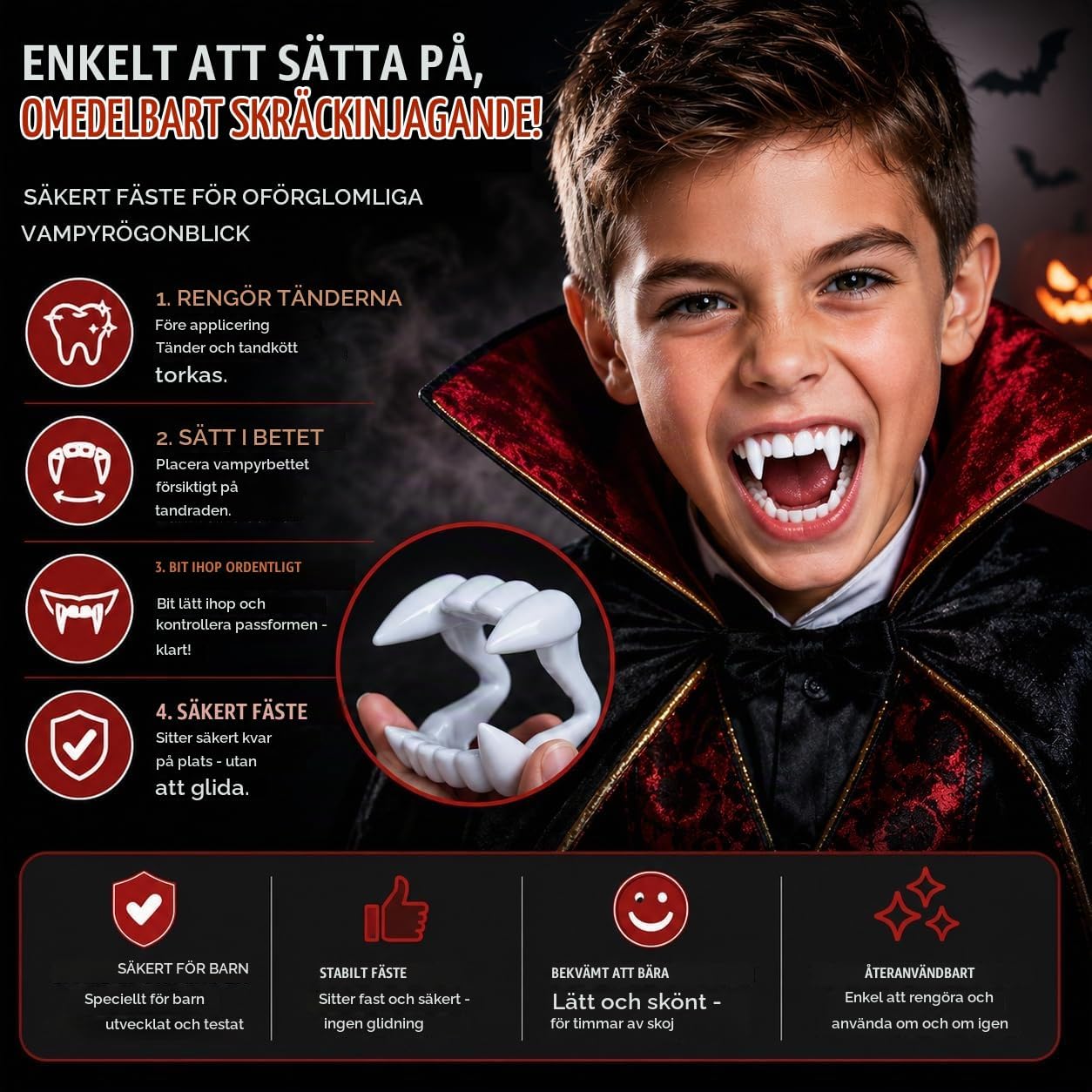Detalle de FV-001 vampyrtänder för barn med tydliga huggtänder