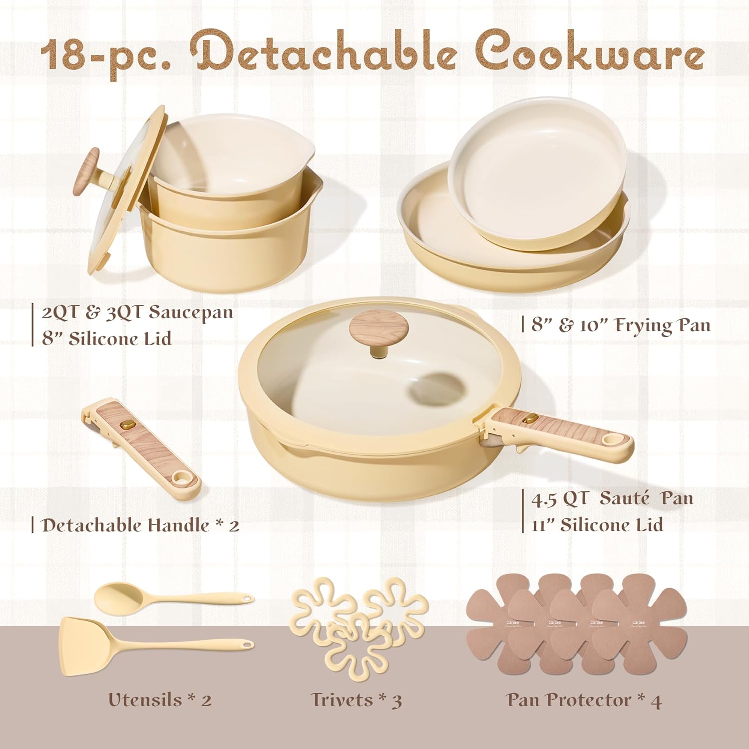 Thumbnail 1 de CAROTE 18 Pcs Ceramic Cookware Set with Detachable Handles