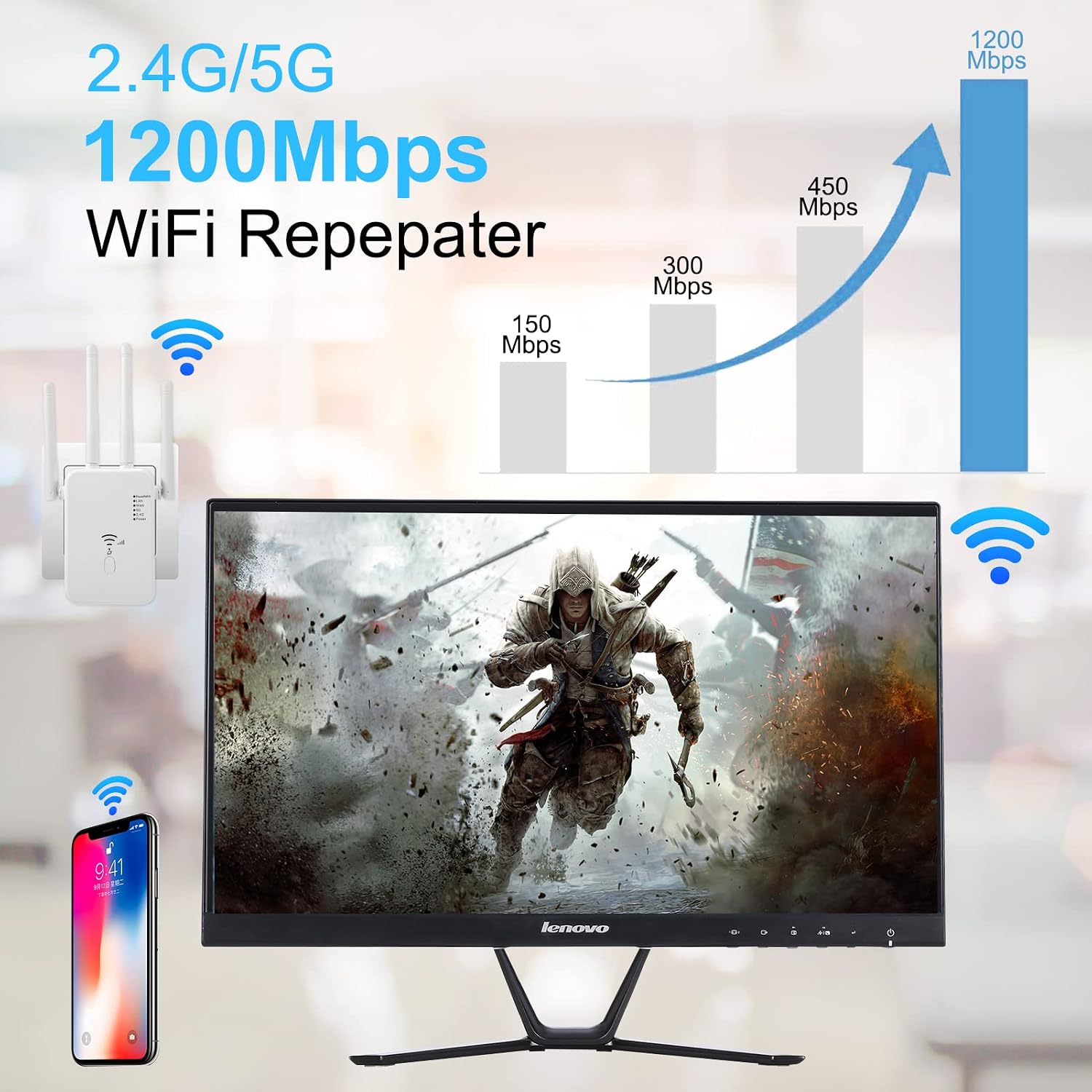 Detalle de WLAN Repeater 1200 Mbit/s Dual-Band mit 4 Antennen – Repeater/AP/Router-Modus, LAN/WAN-Port