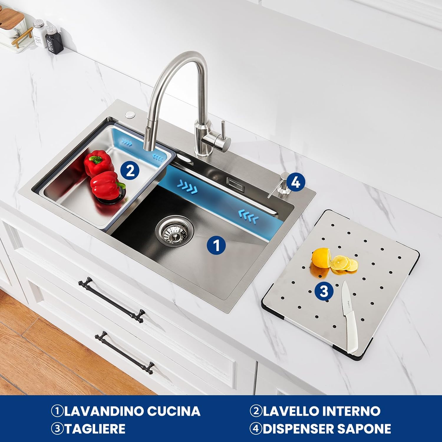 Thumbnail 1 de CECIPA Lavandino Cucina 70x45 cm in acciaio inox con 1 vasca, dispenser sapone e tagliere