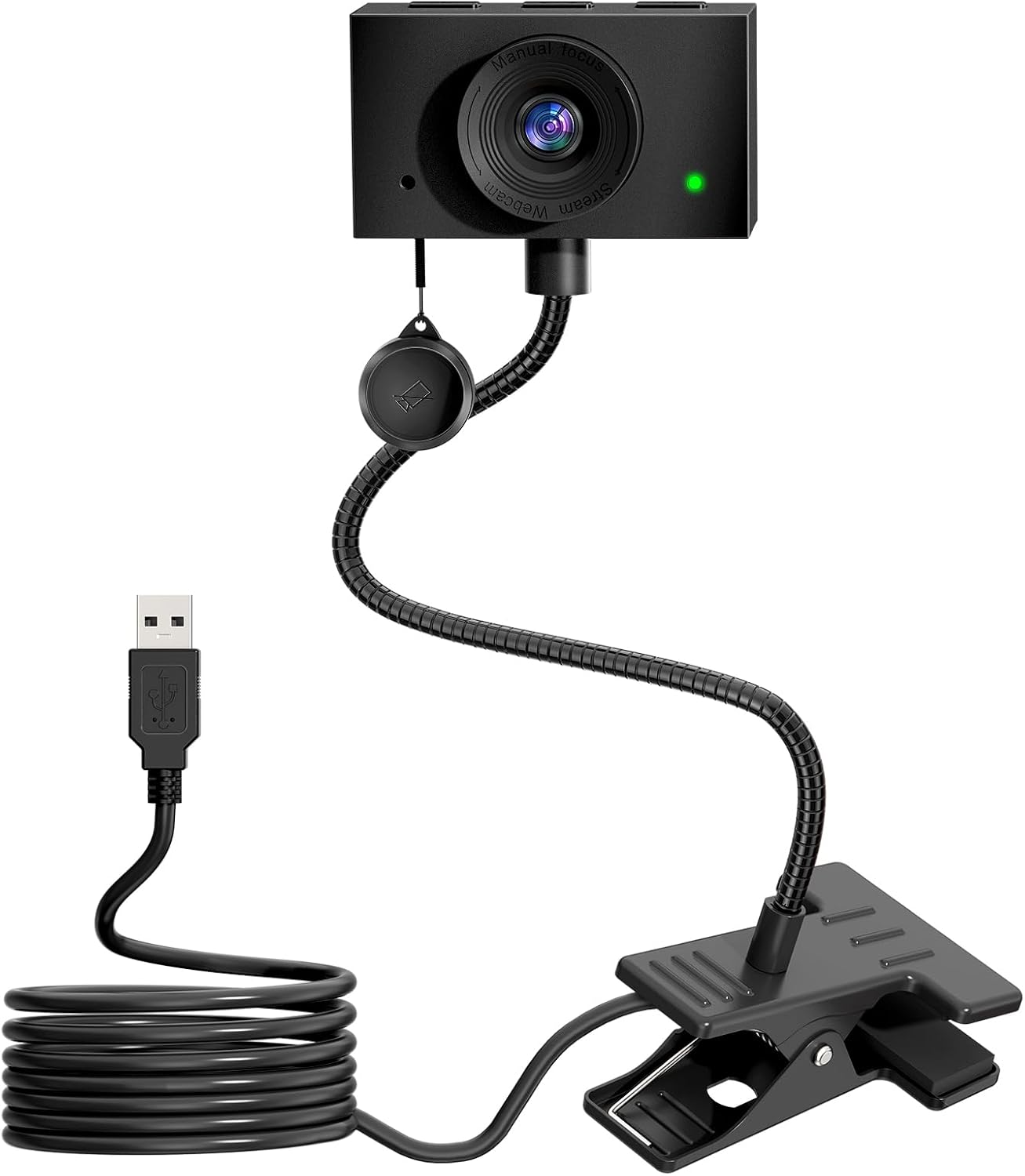Webcam for PC (USB) with Adjustable Gooseneck, 1080P Manual Focus & Noise-Cancelling Mic (Black)