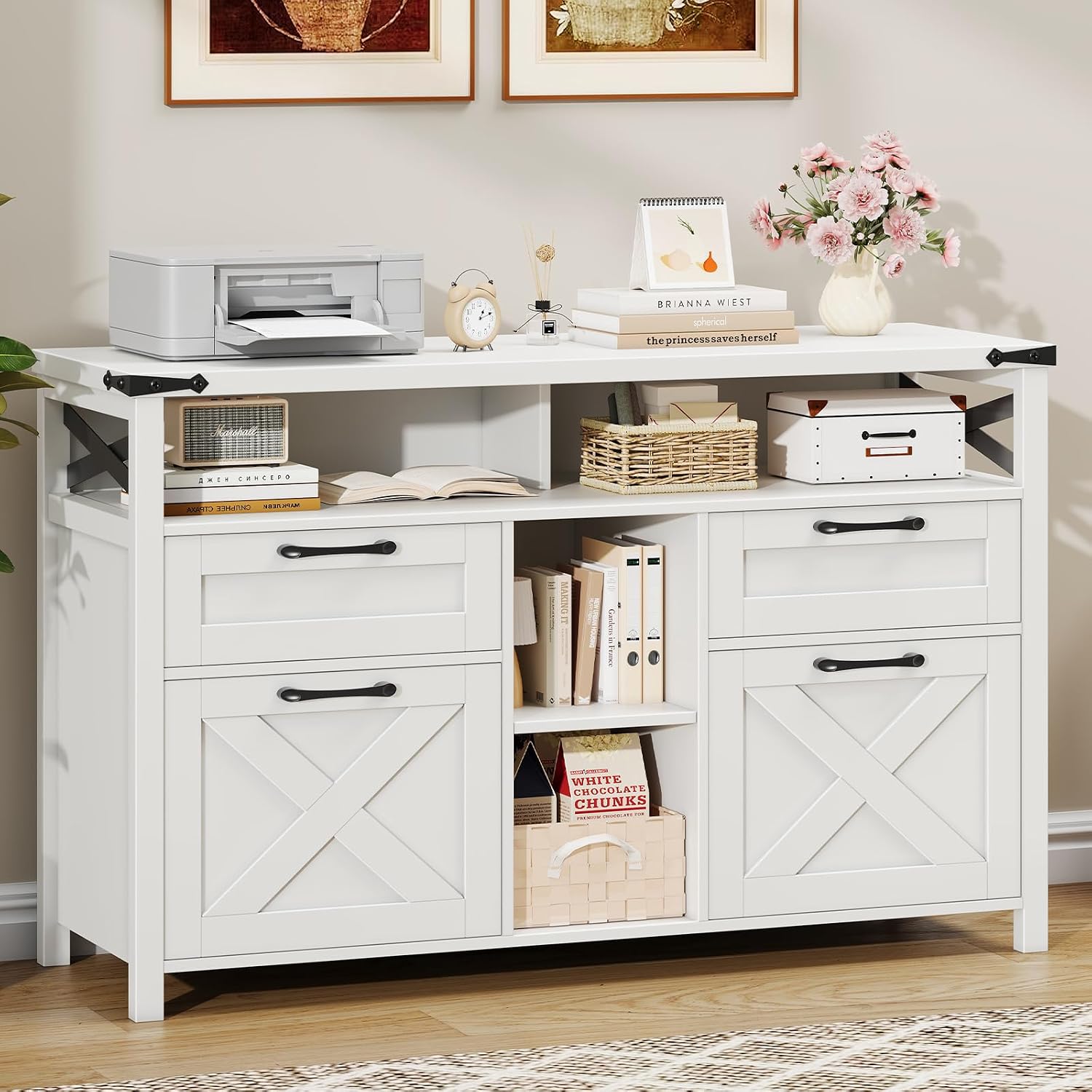 Detalle de Halitaa File Cabinet with Open Storage Shelf, 4 Drawers, Cream White