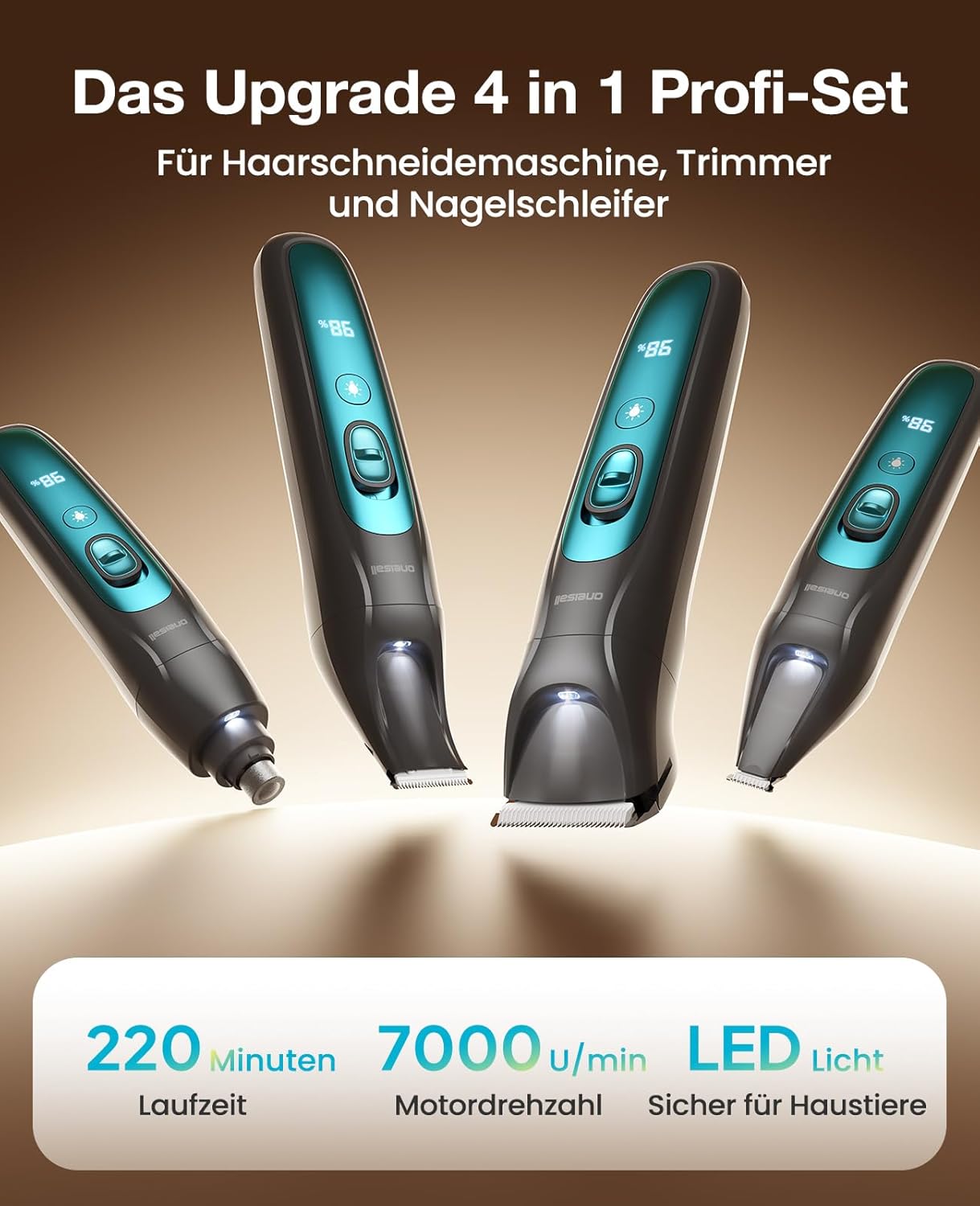 Thumbnail 2 de oneisall 4in1 Leise Schermaschine für Hund & Katze (LED, 2000 mAh) – Pfotentrimmer & Krallenschleifer