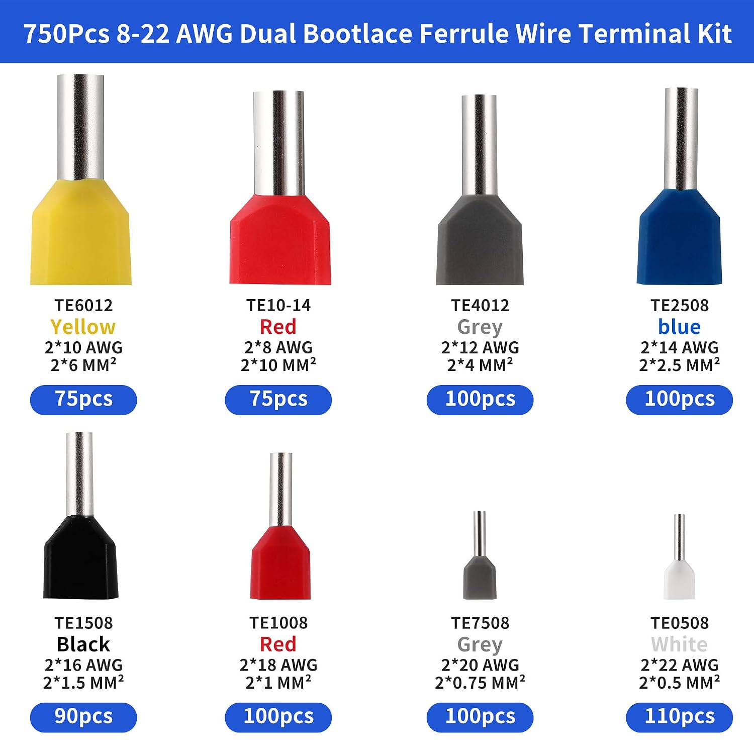 Thumbnail 1 de 750 Pezzi Puntalini Doppi 0,5–10 mm² | Connettori Elettrici Doppi Entrata, Crimpatura, Scatola di Stoccaggio