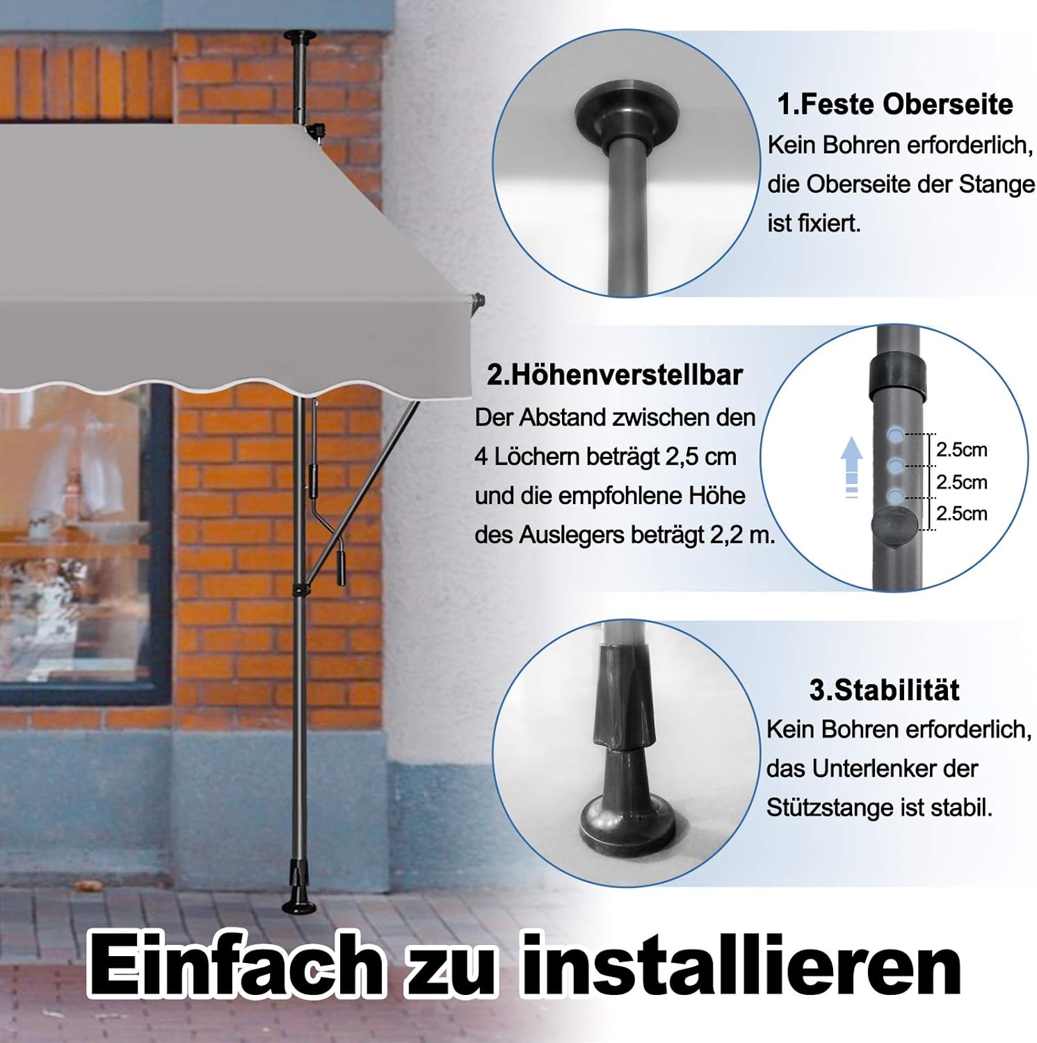 Thumbnail 5 de Klemmmarkise Balkon 300x120 cm – manuelle Einziehmarkise, höhenverstellbar, UV-beständig, ohne Bohren, Grau