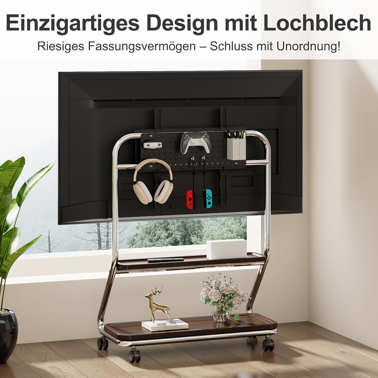 Detalle de TV-Ständer mit Rollen für 40–75 Zoll Fernseher bis 50 kg – höhenverstellbar, universell, Silber