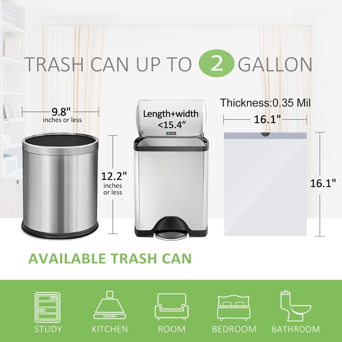 Detalle 2 de Teivio 2-Gallon Drawstring Trash Bags, 90 Count, White HDPE Liners