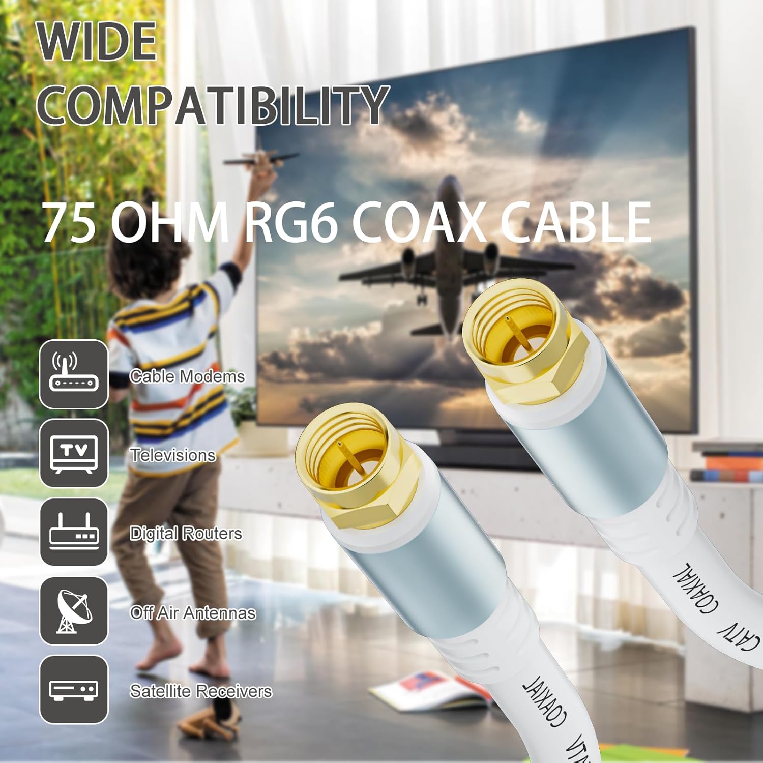 Detalle 2 de GOSYSONG White RG6 Coaxial Cable 50ft: Premium RG6 for TV, Internet, and Satellite