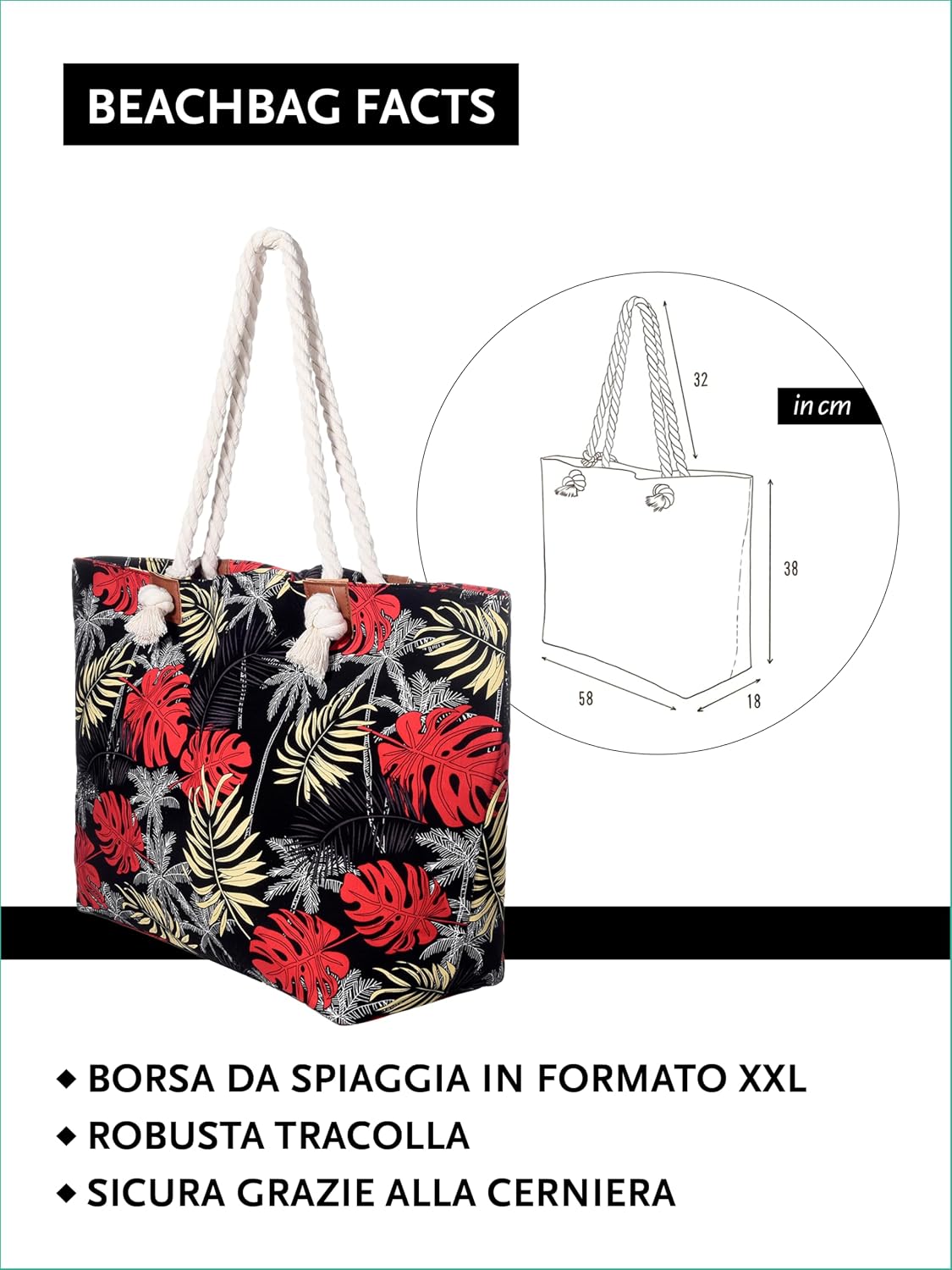 Detalle de DonDon Grande borsa da spiaggia idrorepellente 58x38x18 cm