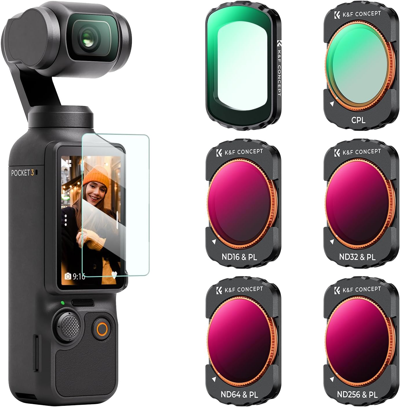 Detalle de K&F CONCEPT 6-pack Magnetic Filters for Pocket 4/3 – UV, CPL, ND16/PL, ND32/PL, ND64/PL, ND256/PL with Screen Protector